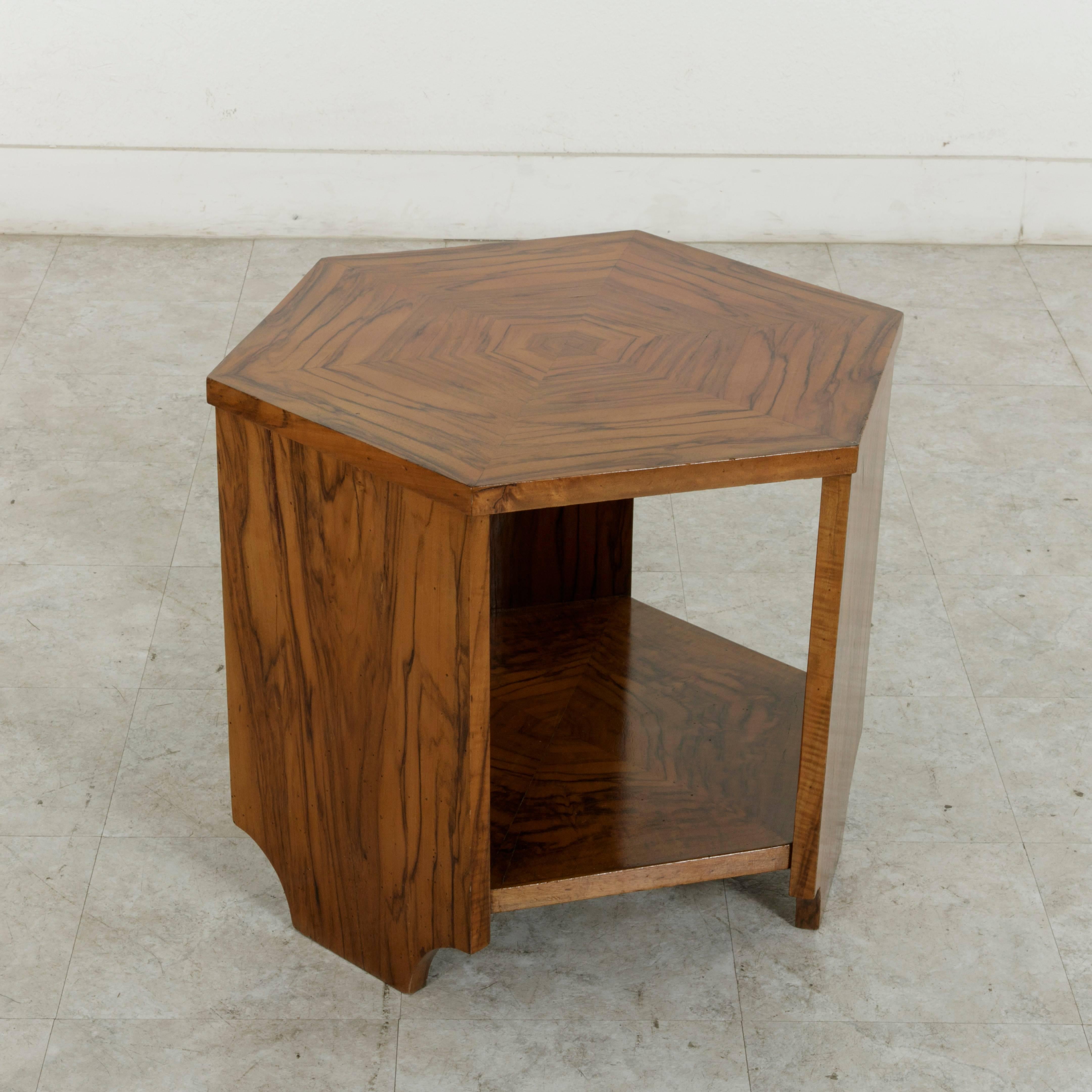 Mid-20th Century Early 20th Century French Art Deco Period Bookmatched Walnut Hexagon Side Table