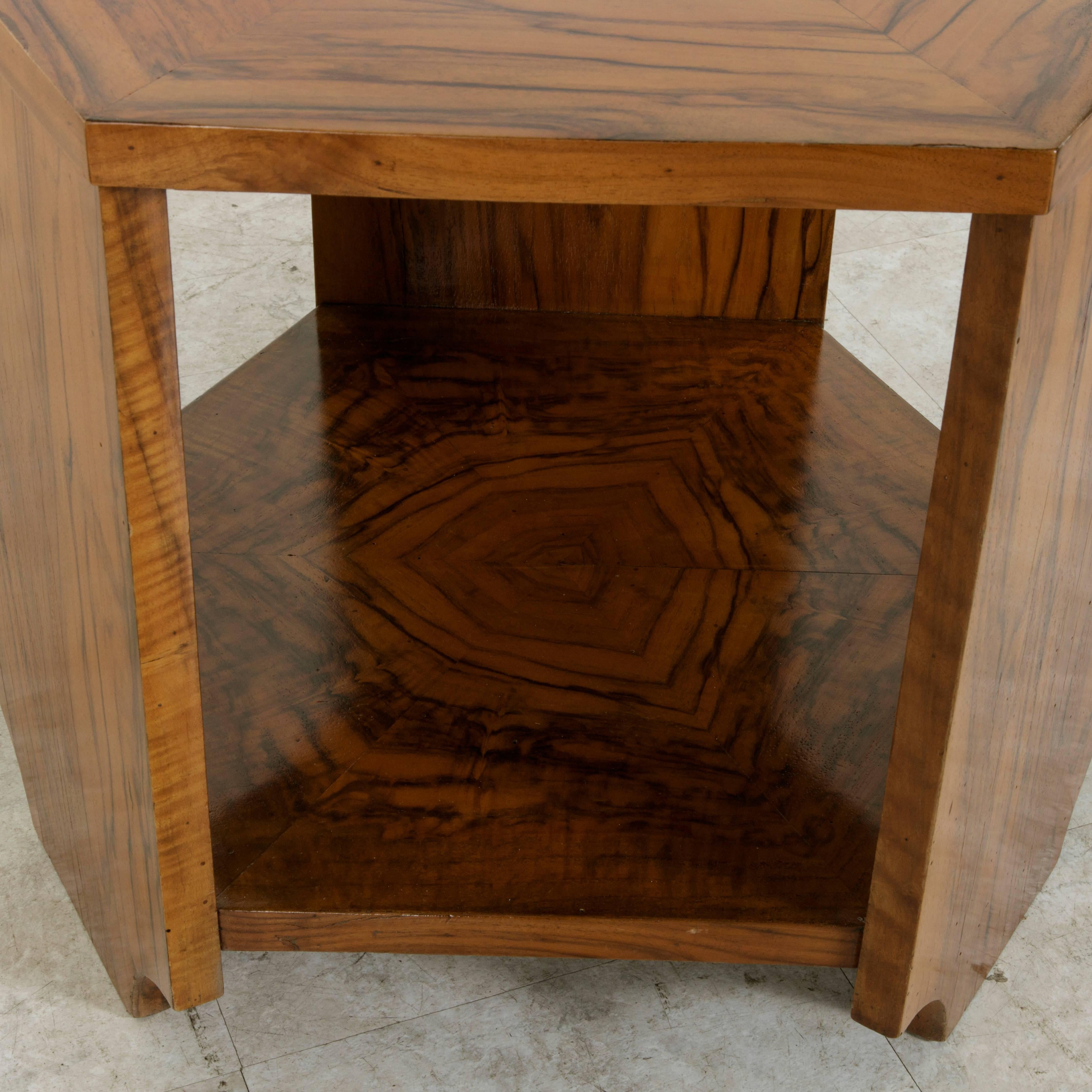 Early 20th Century French Art Deco Period Bookmatched Walnut Hexagon Side Table In Good Condition In Fayetteville, AR