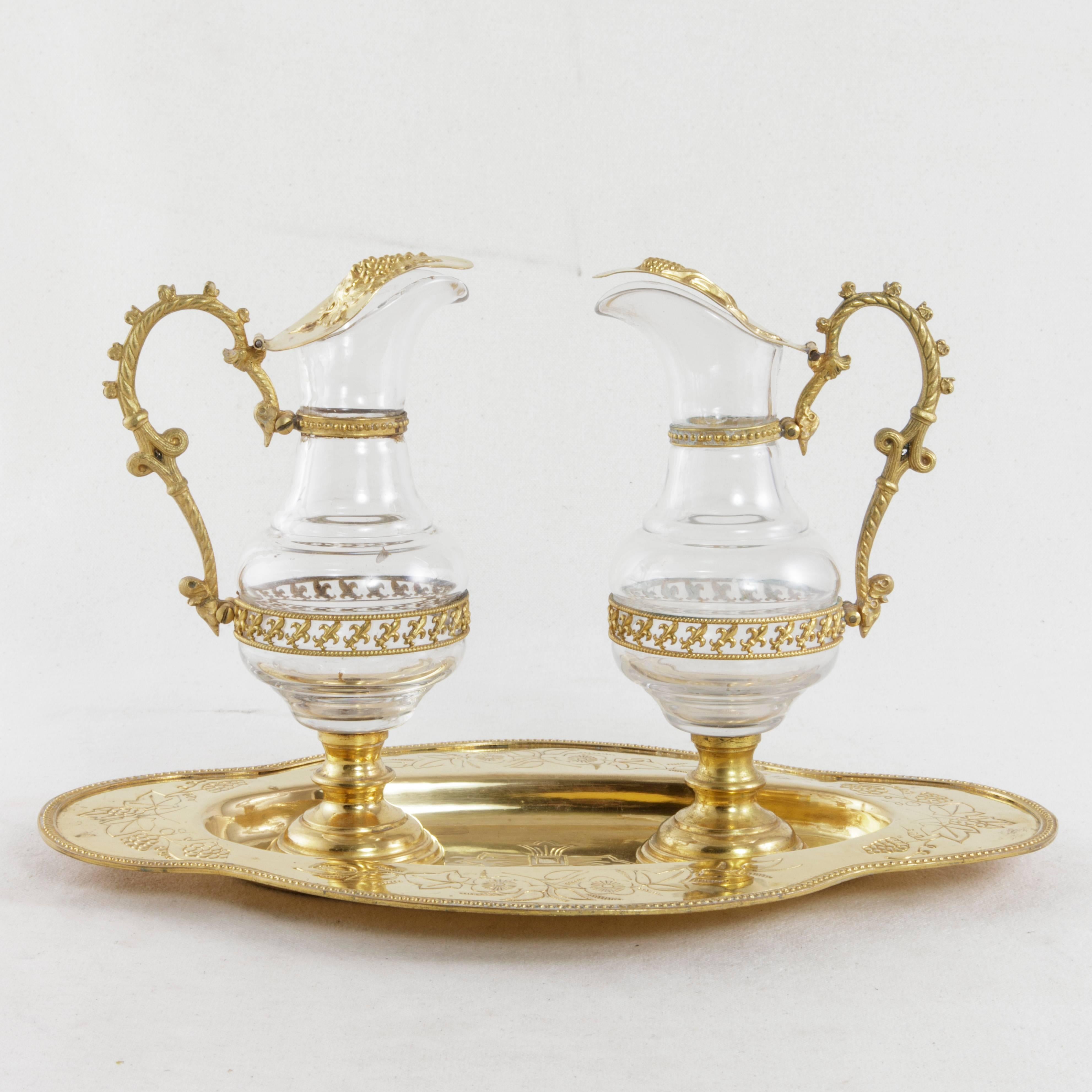 Early 20th Century Set of French Gilded Metal and Glass Holy Communion Cruets In Excellent Condition In Fayetteville, AR