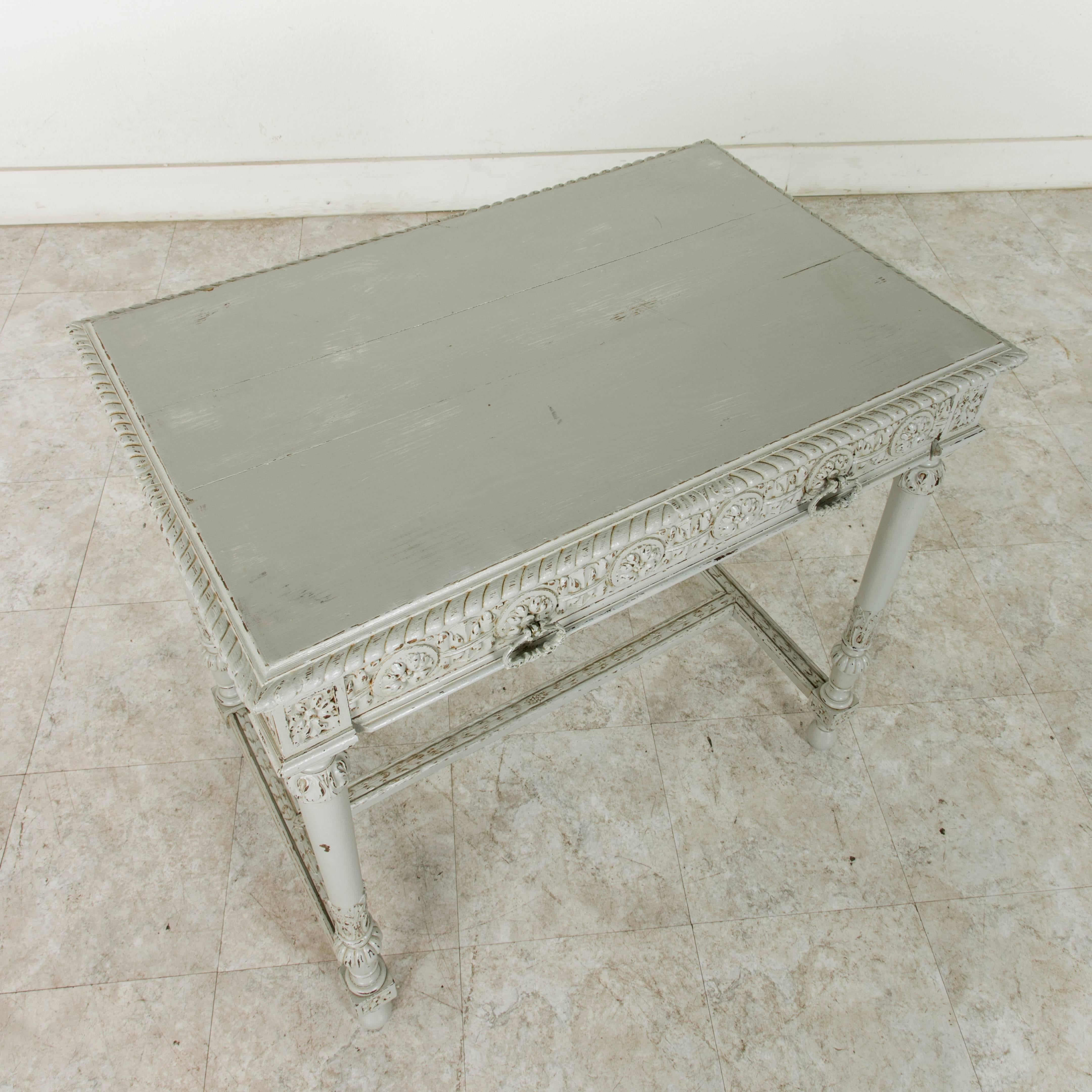 Wood Late 19th Century Painted, Hand-Carved Louis XVI Style Writing Desk with Drawer