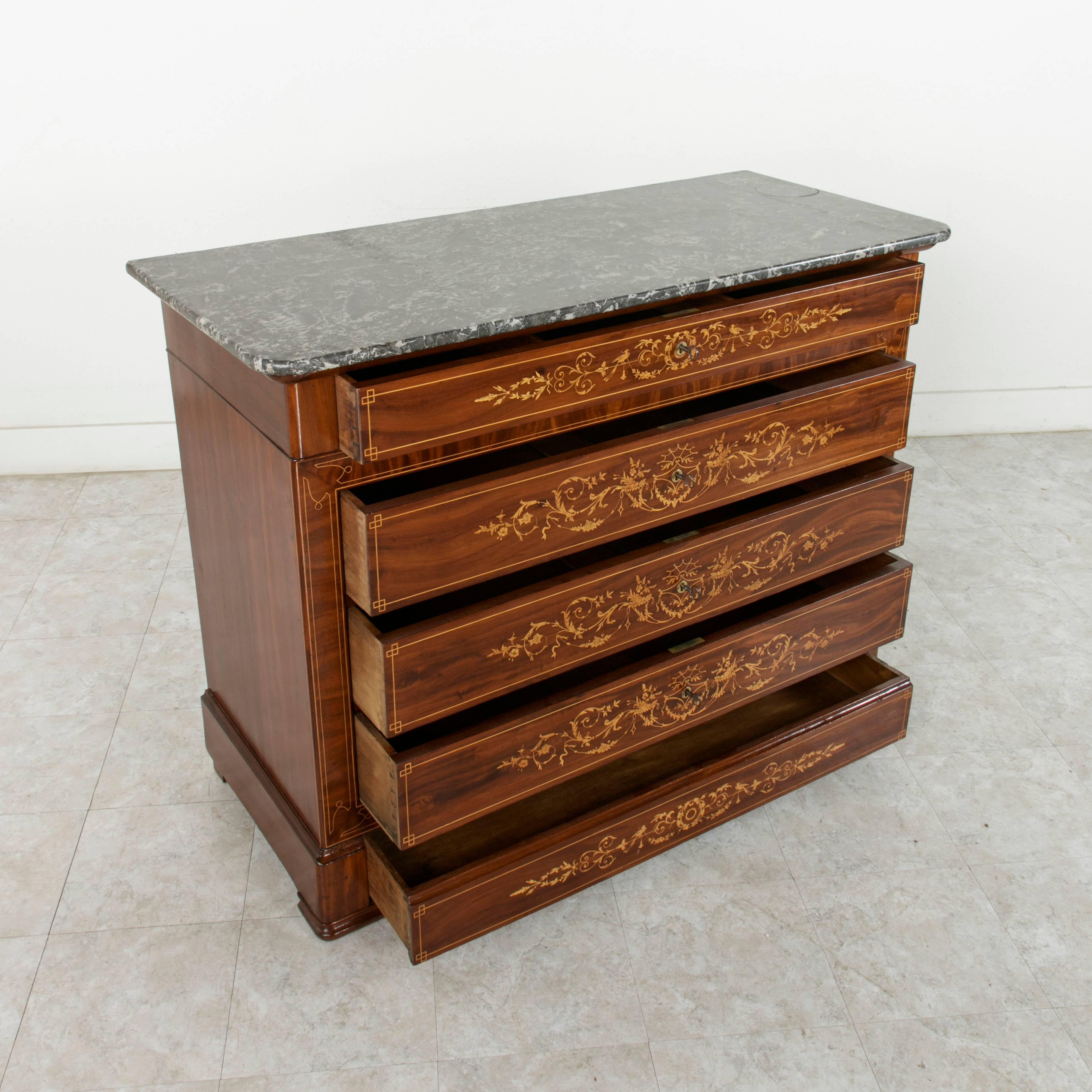 19th Century Charles X Mahogany Lemonwood Marquetry Chest with Hidden Drawer 4