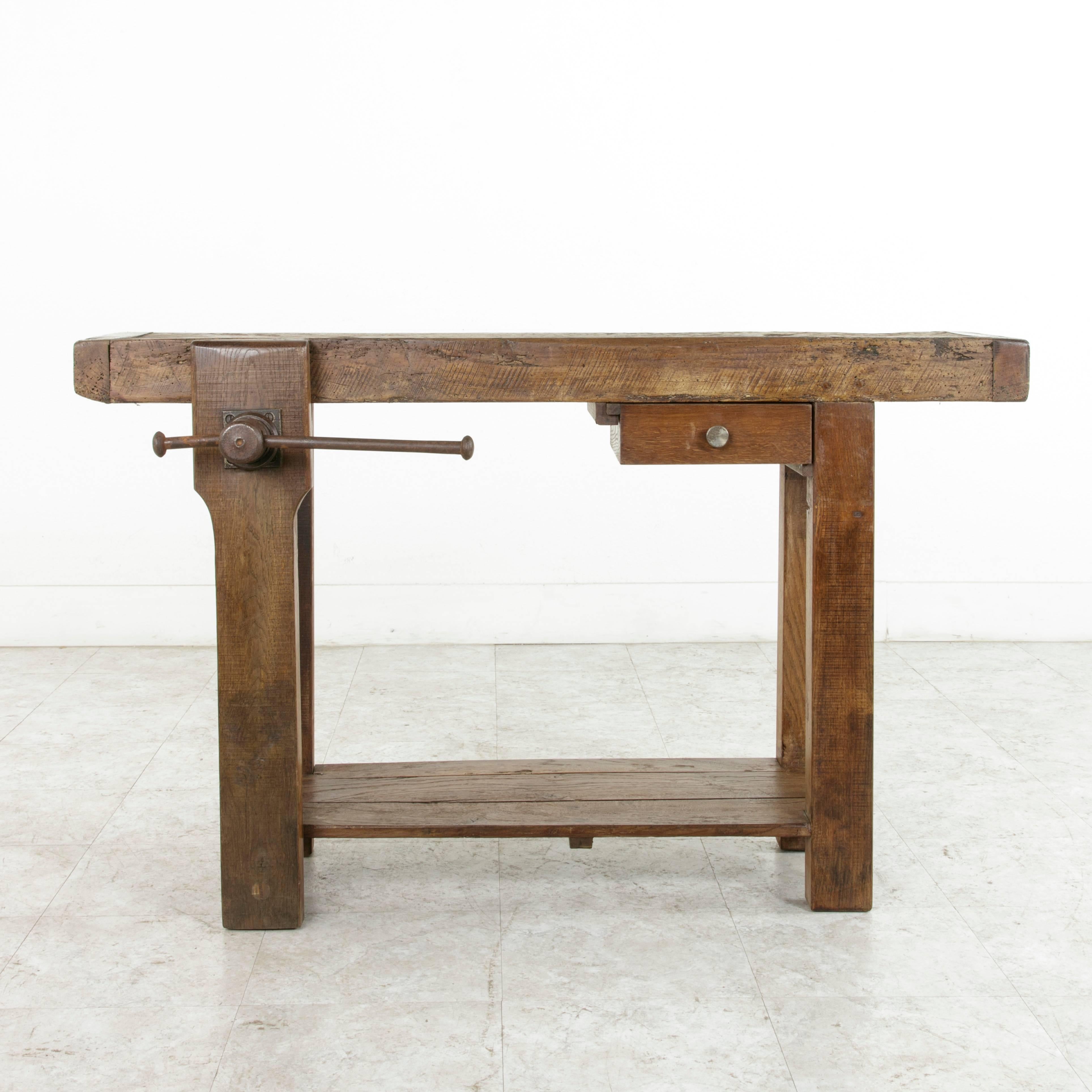 Iron Early 20th Century French Oak Workbench, Sofa Table with Single Drawer and Vice