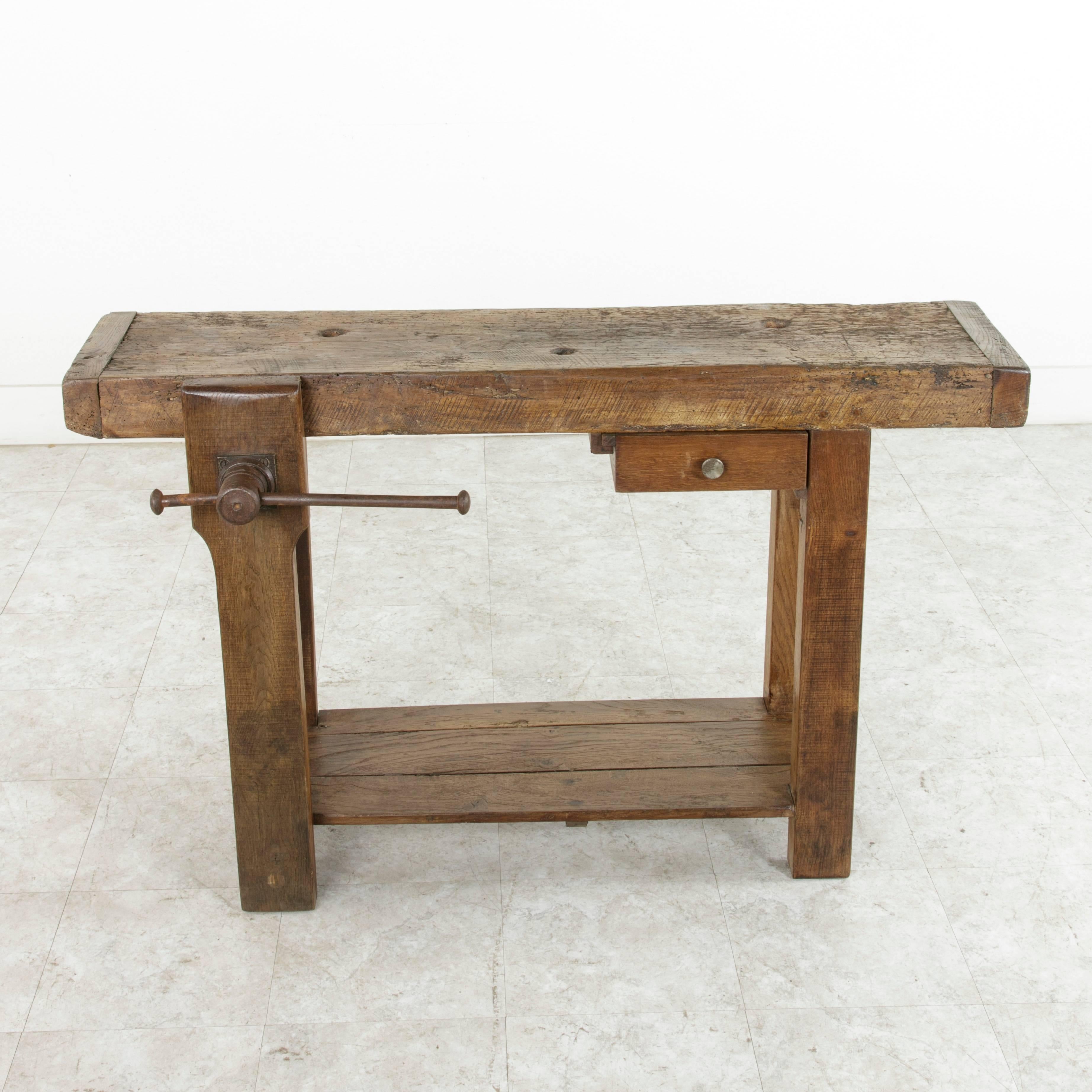 Early 20th Century French Oak Workbench, Sofa Table with Single Drawer and Vice In Excellent Condition In Fayetteville, AR