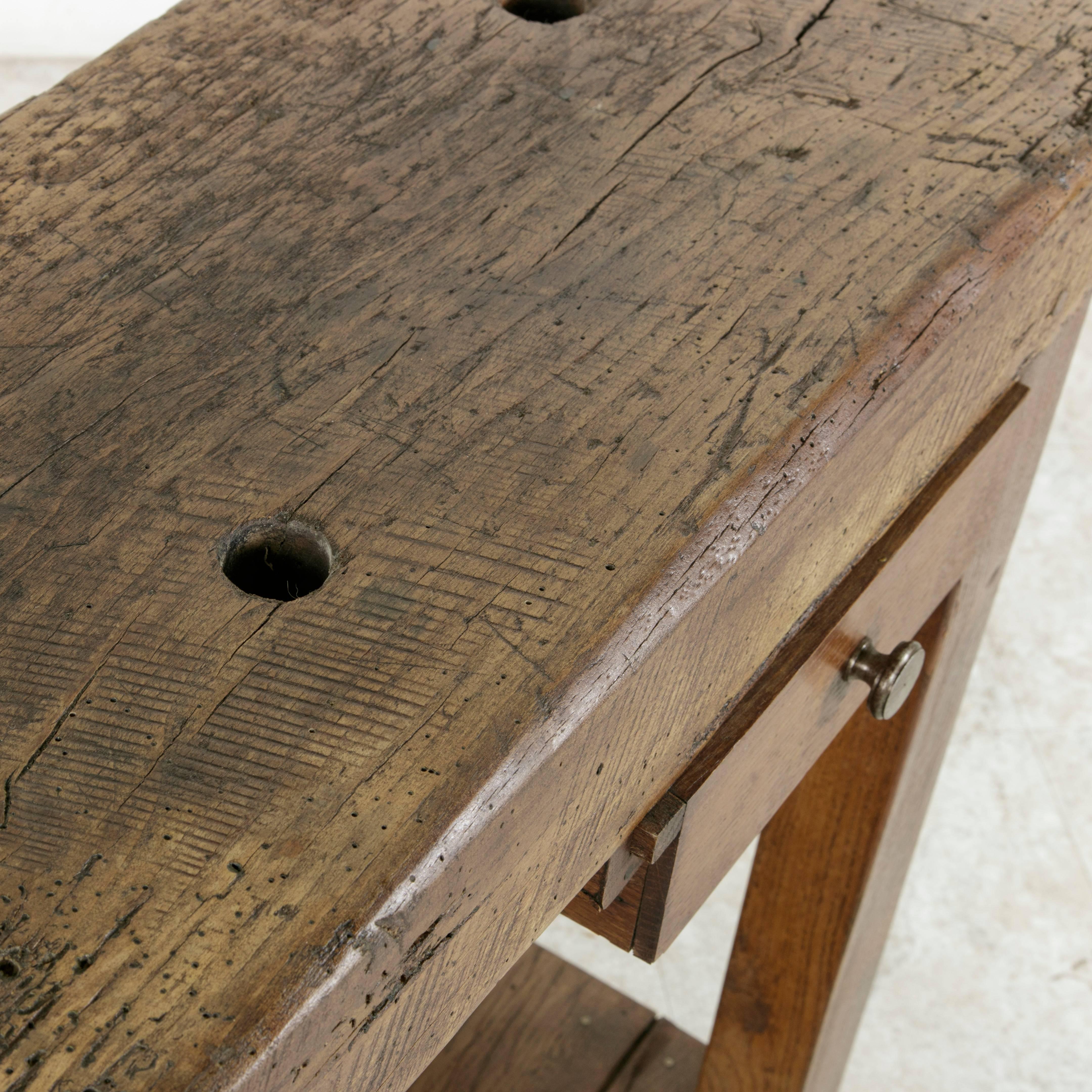 Early 20th Century French Oak Workbench, Sofa Table with Single Drawer and Vice 6