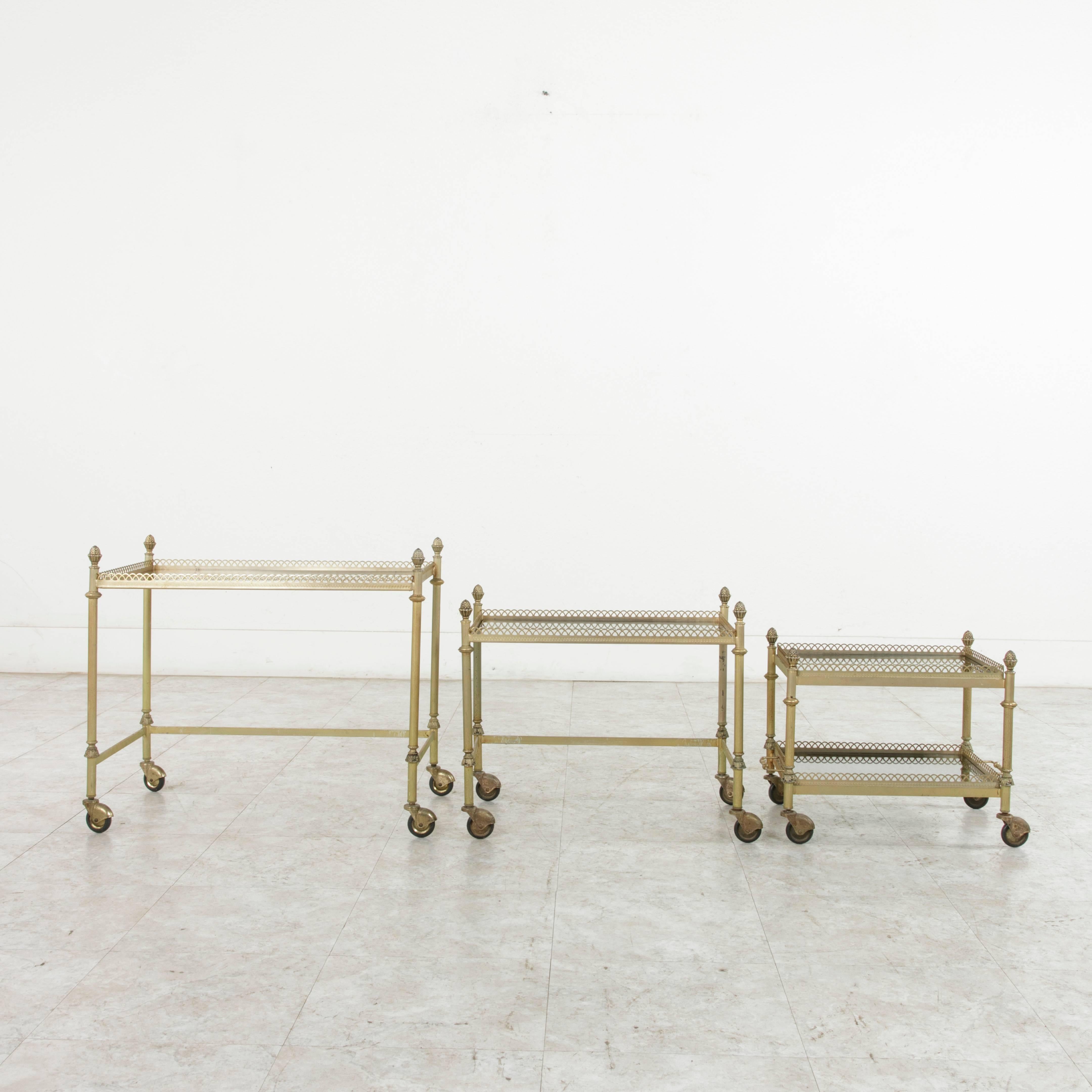 Louis XVI Set of Three Mid-20th Century French Bronze Nesting Tables with Glass Trays For Sale