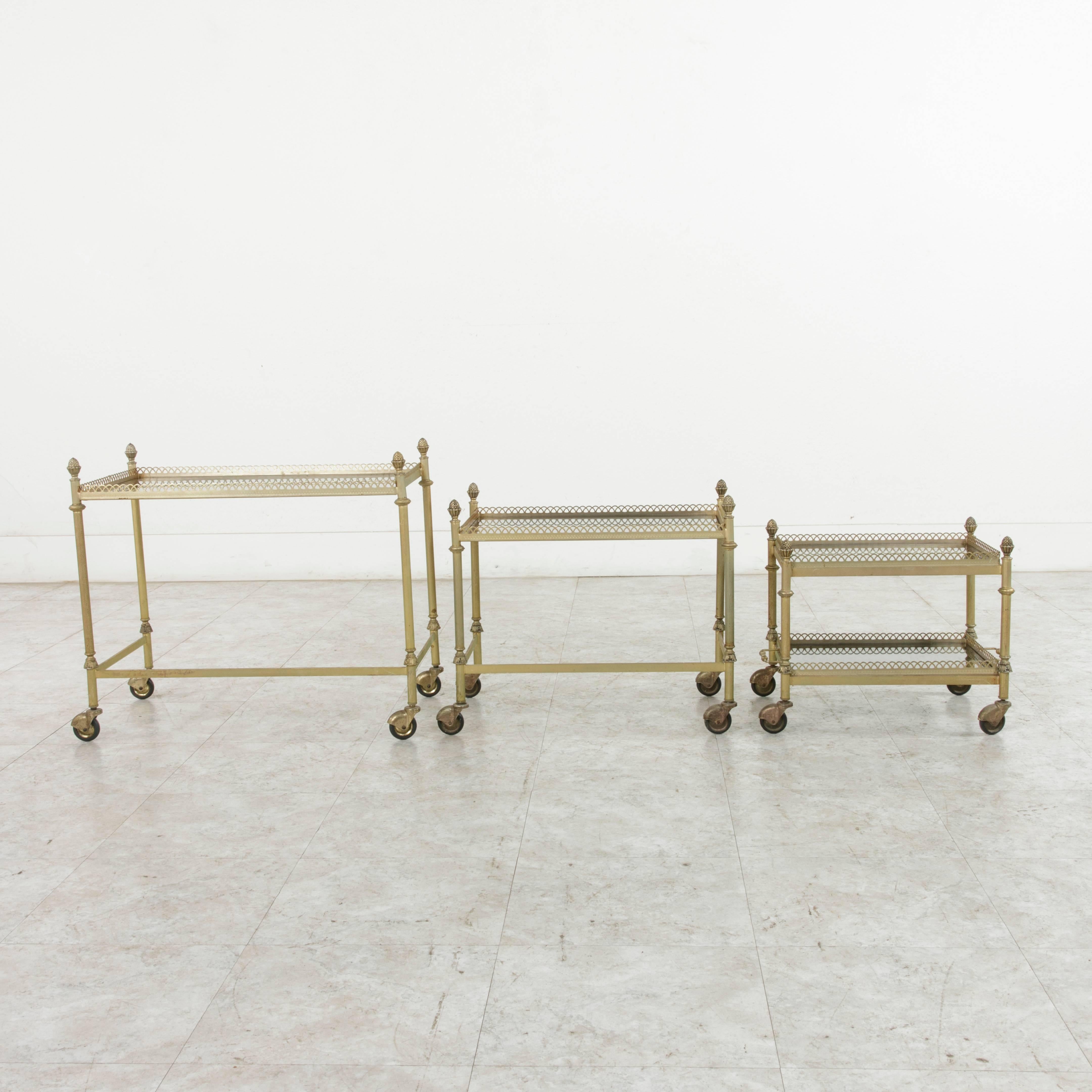 Set of Three Mid-20th Century French Bronze Nesting Tables with Glass Trays For Sale 1