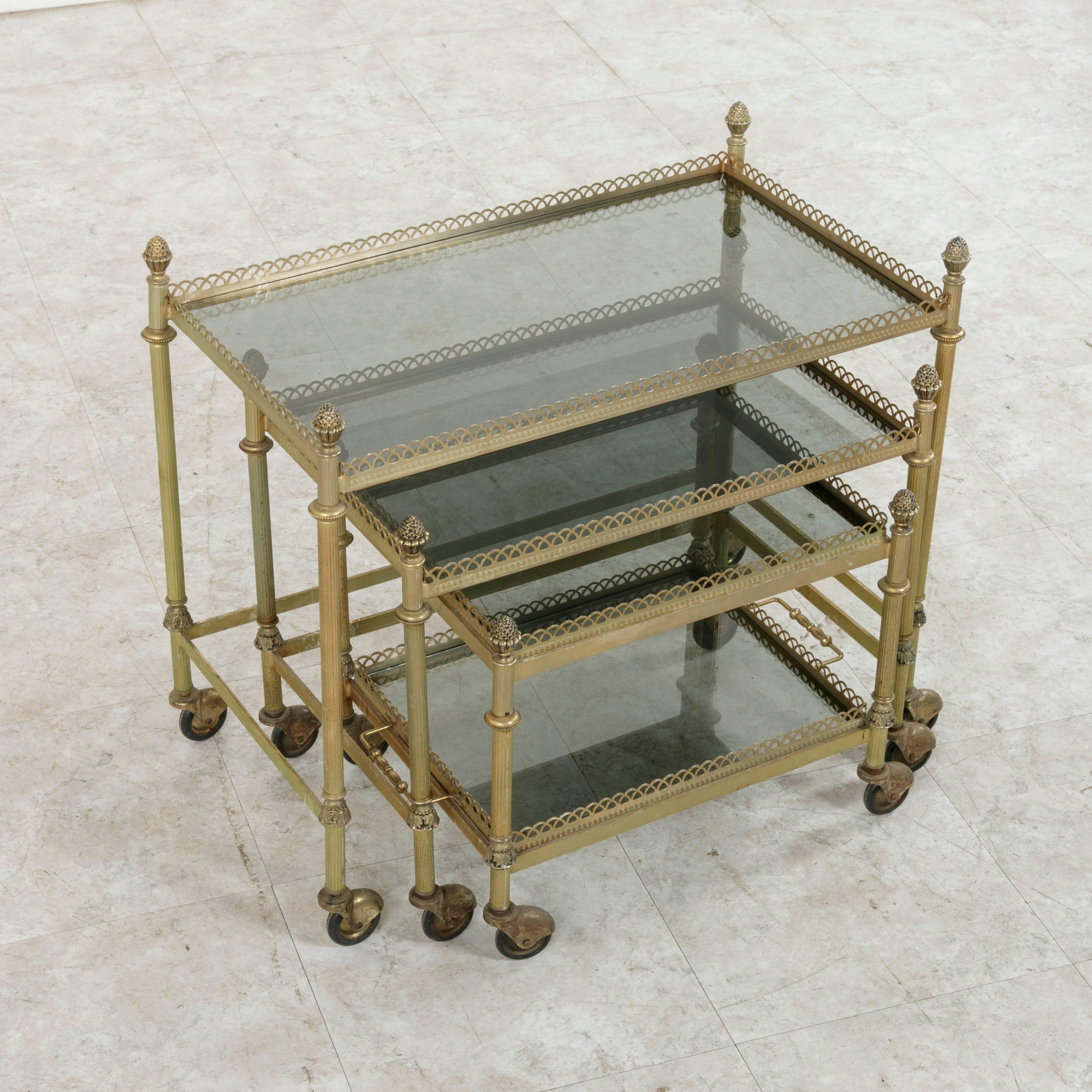 Set of Three Mid-20th Century French Bronze Nesting Tables with Glass Trays For Sale 3