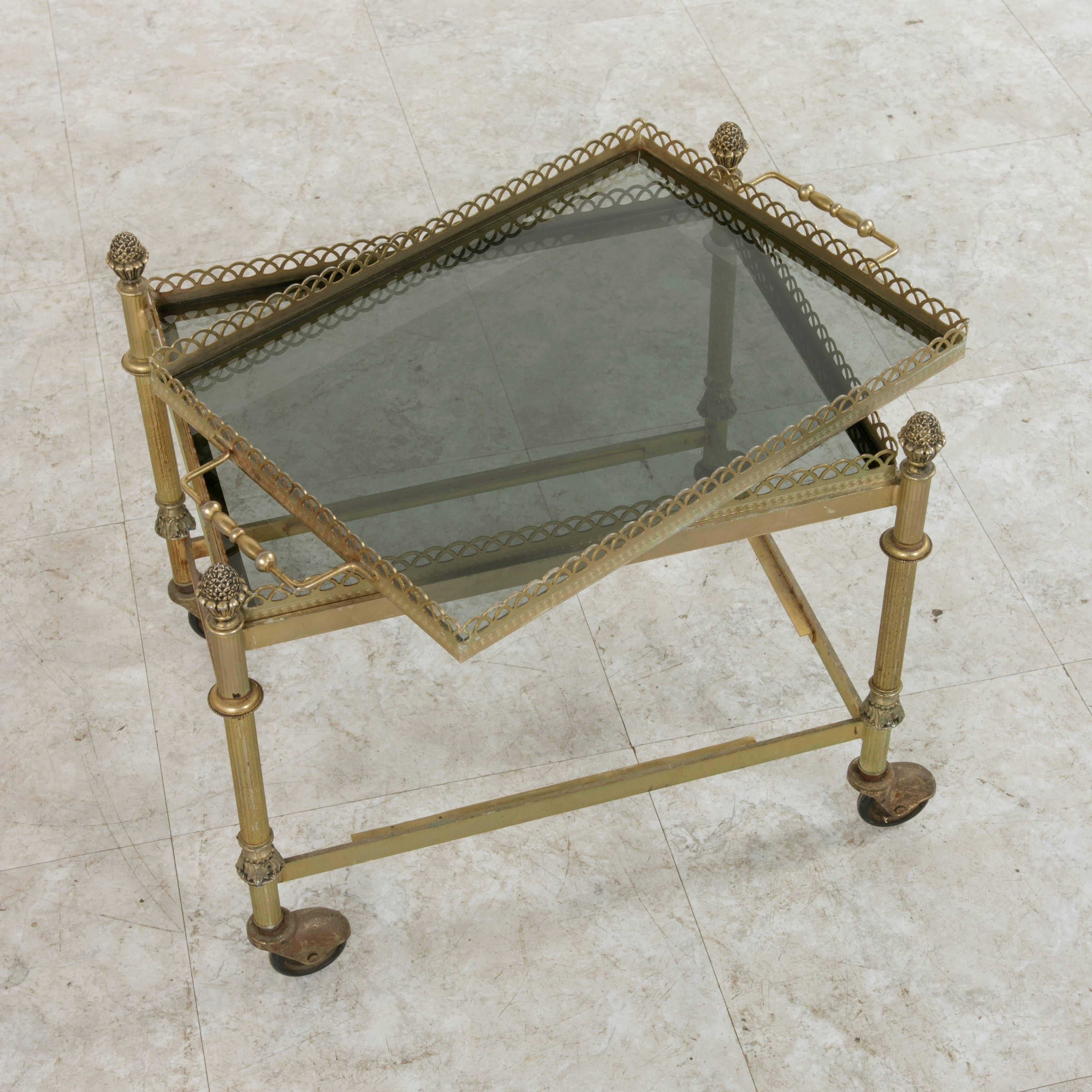 Set of Three Mid-20th Century French Bronze Nesting Tables with Glass Trays For Sale 4