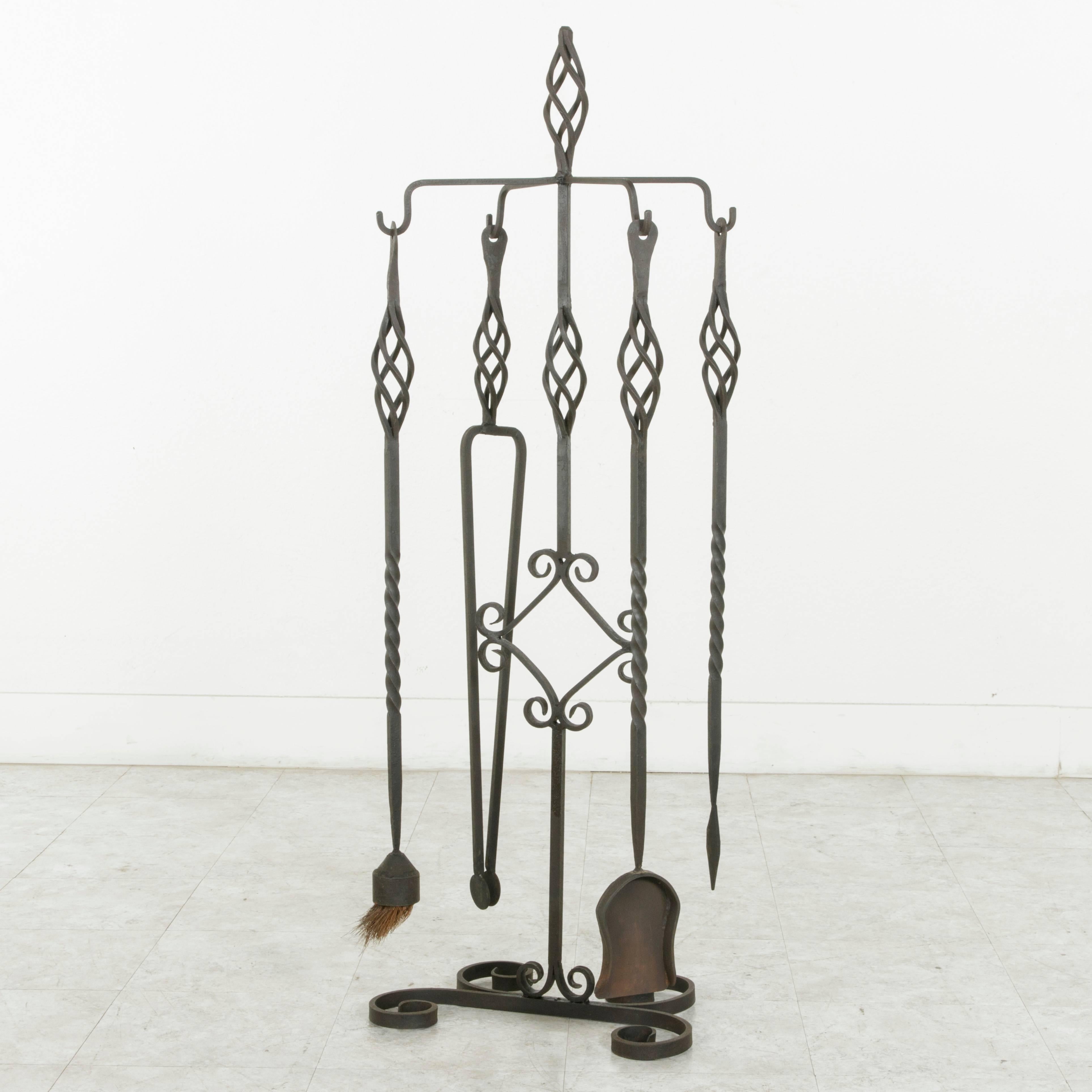 Set of Large Late 19th Century French Wrought Iron Fireplace Tools and Stand 2