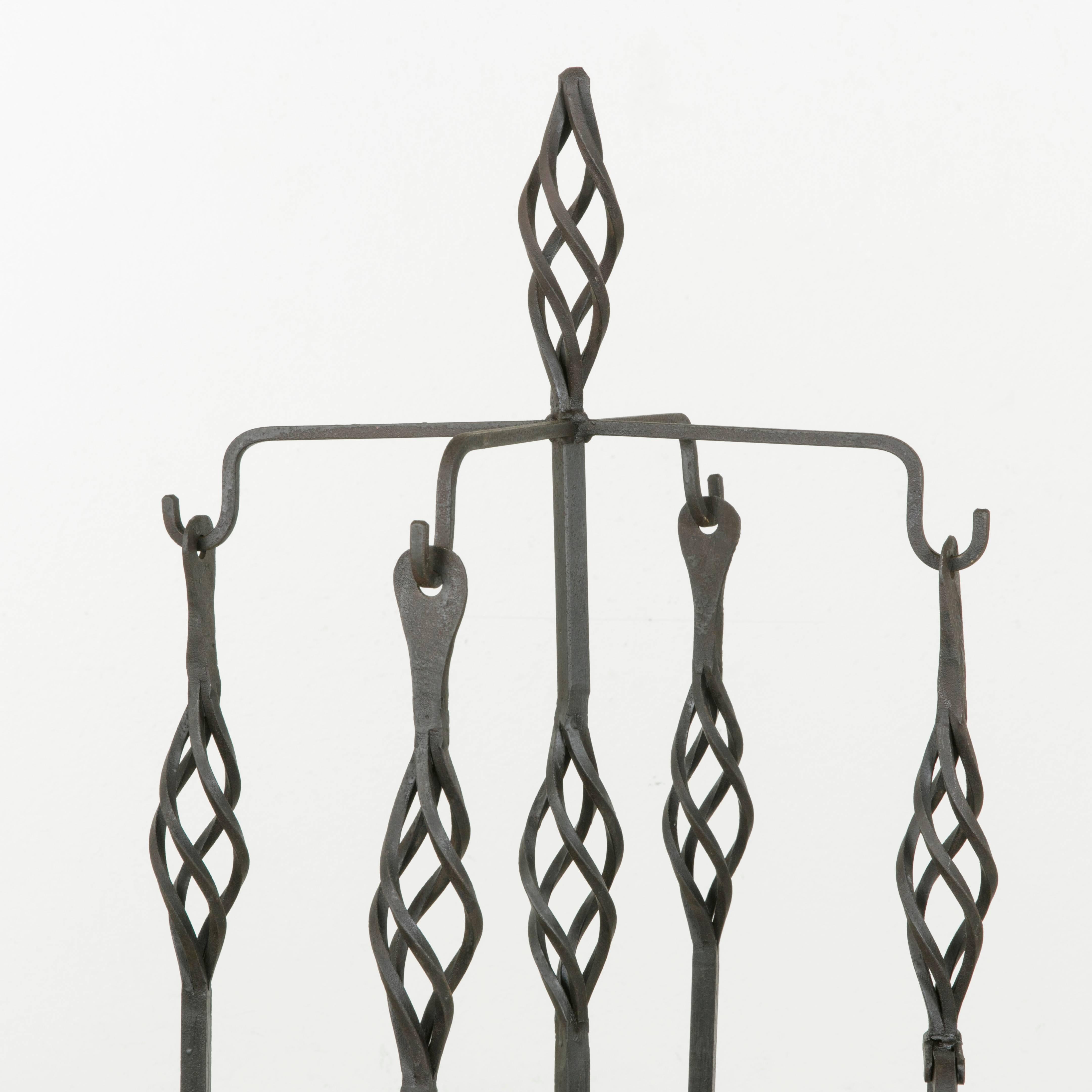 Set of Large Late 19th Century French Wrought Iron Fireplace Tools and Stand 4