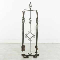 Set of Large Late 19th Century French Wrought Iron Fireplace Tools and Stand