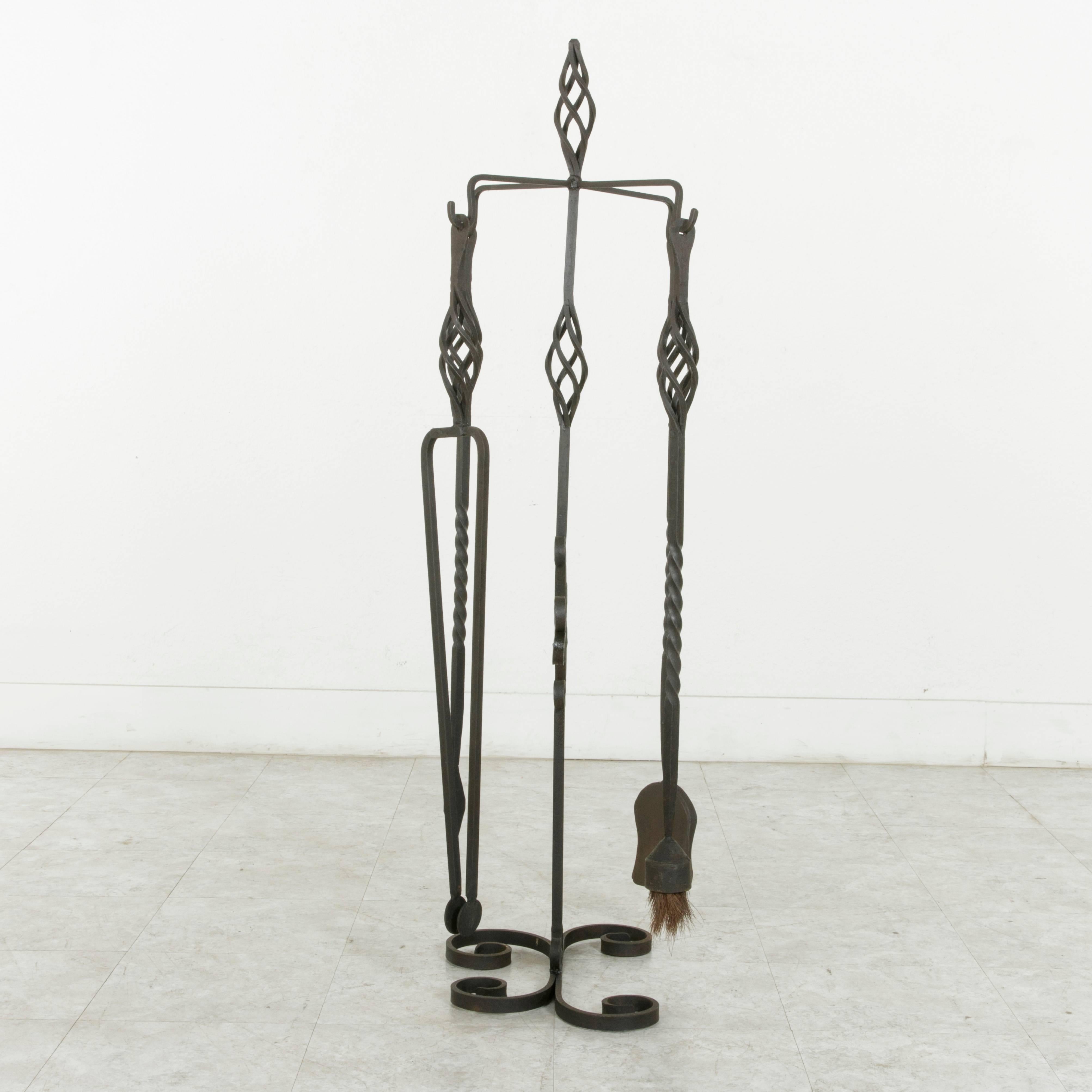Set of Large Late 19th Century French Wrought Iron Fireplace Tools and Stand 1