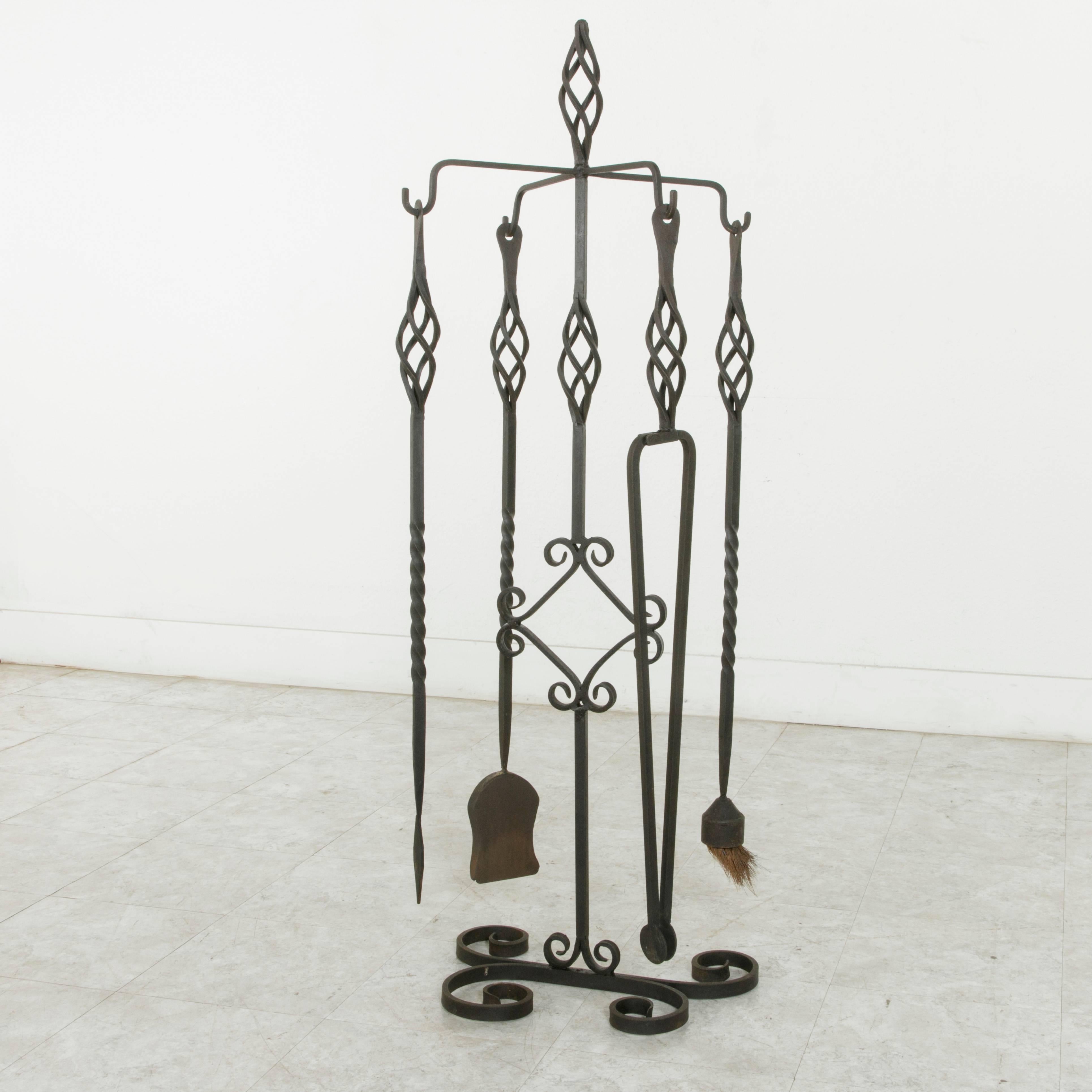 Set of Large Late 19th Century French Wrought Iron Fireplace Tools and Stand In Good Condition In Fayetteville, AR