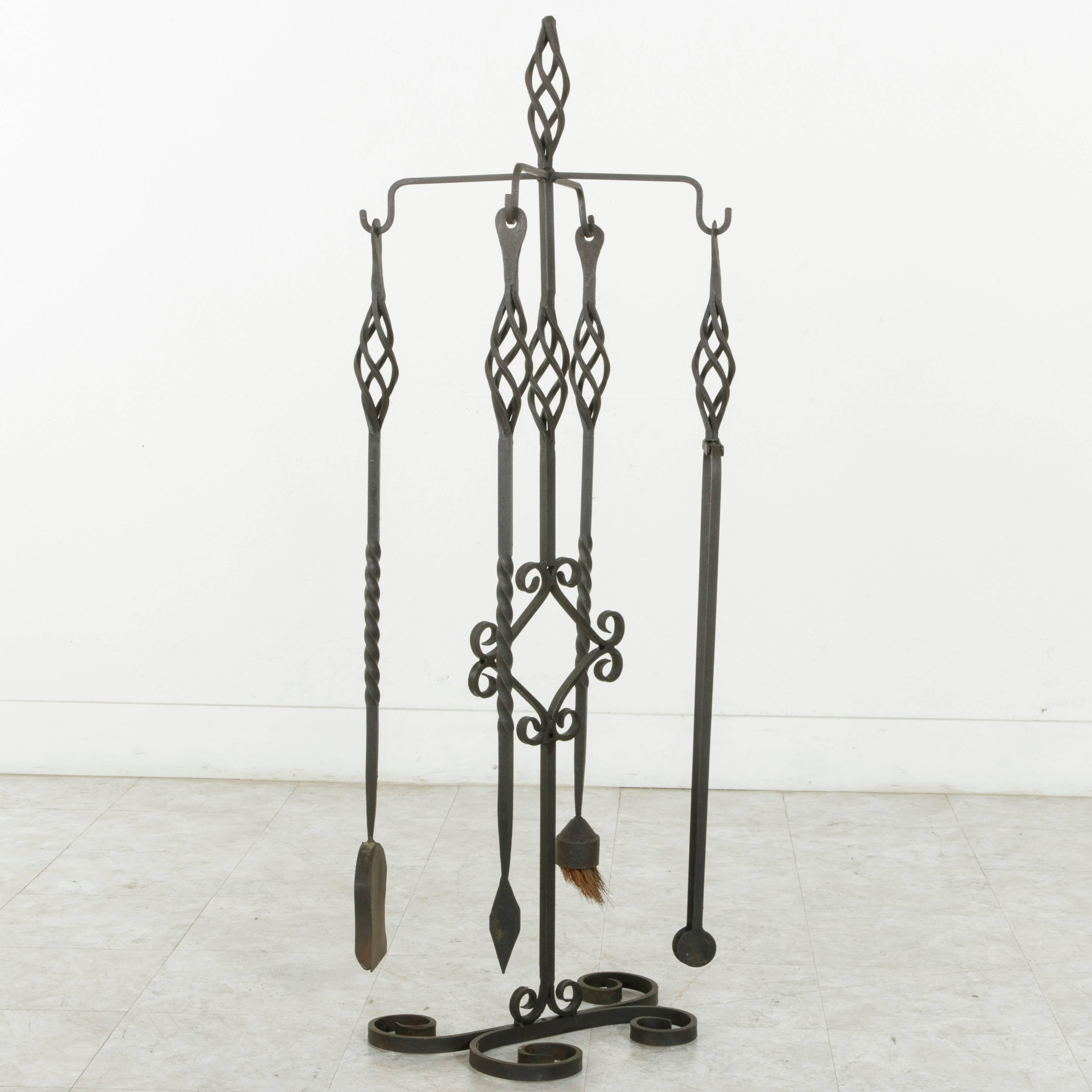Set of Large Late 19th Century French Wrought Iron Fireplace Tools and Stand 3
