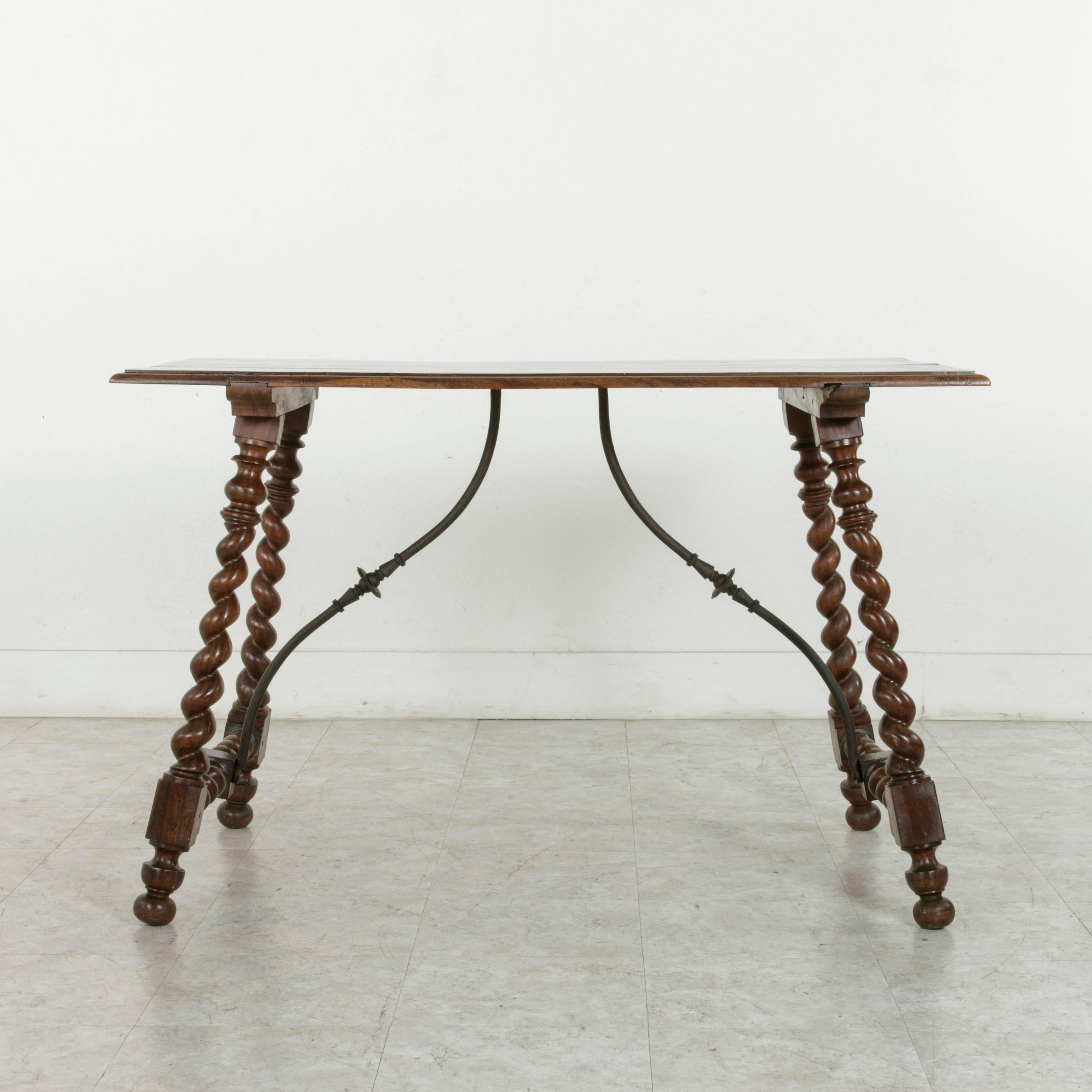 19th Century Spanish Renaissance Style Walnut Table with Forged Iron Stretcher 1