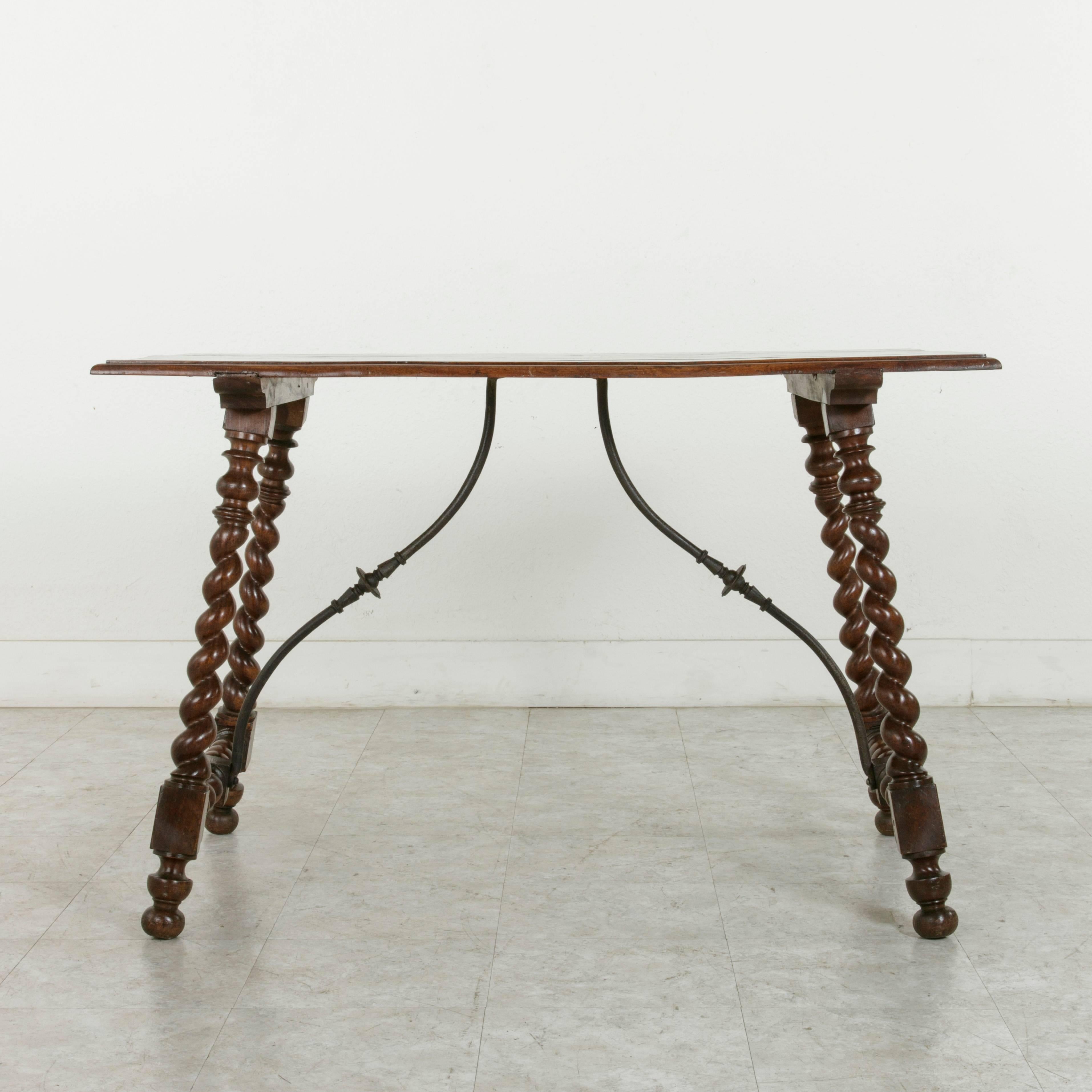 19th Century Spanish Renaissance Style Walnut Table with Forged Iron Stretcher 3