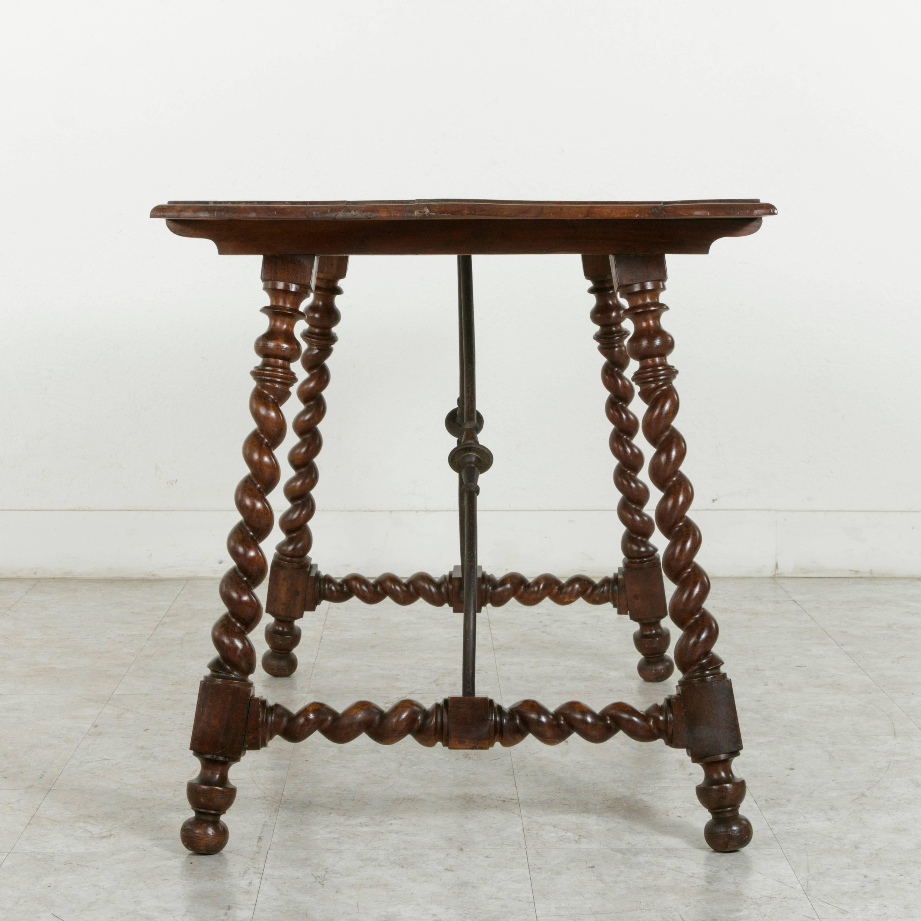 19th Century Spanish Renaissance Style Walnut Table with Forged Iron Stretcher In Excellent Condition In Fayetteville, AR