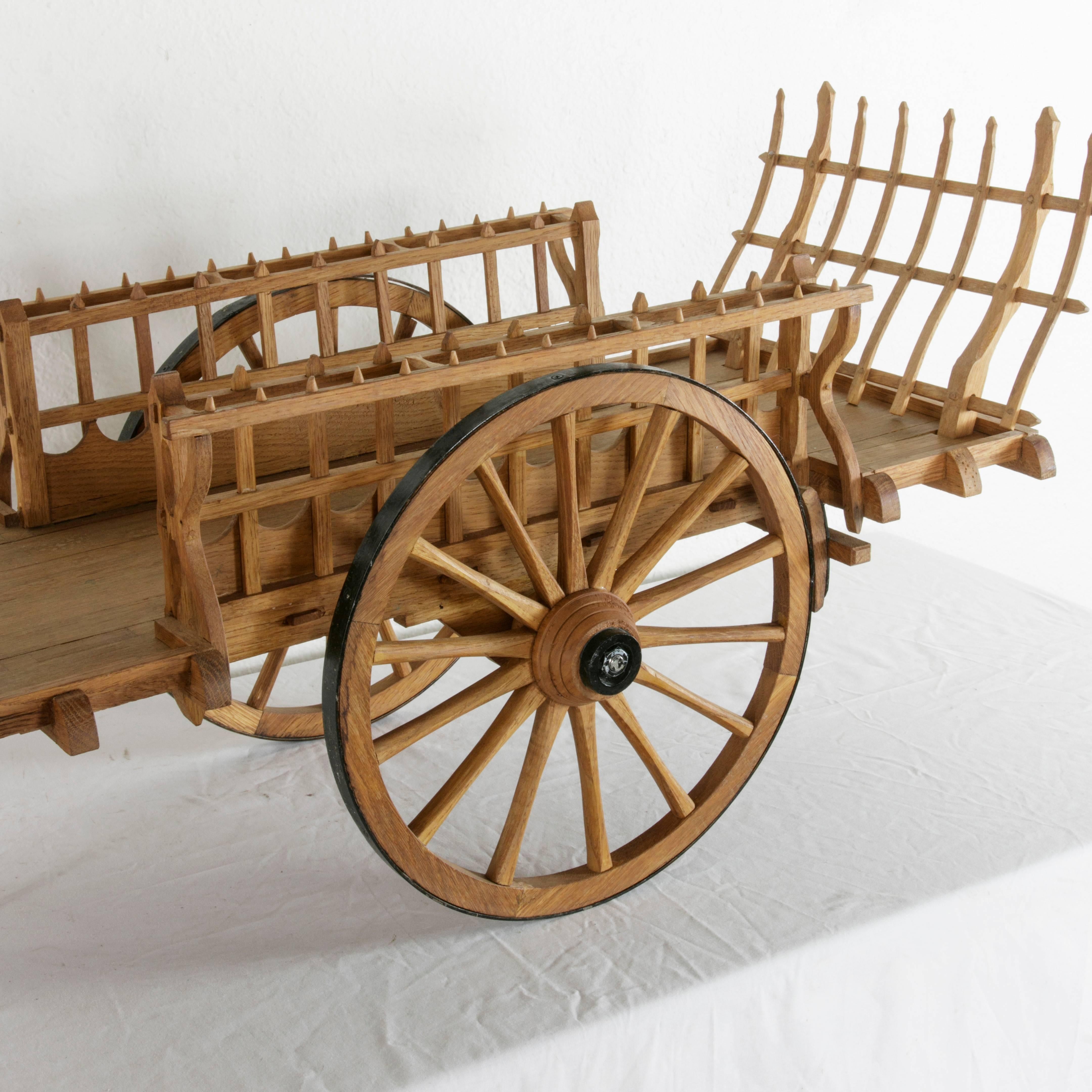 Contemporary Hand-Carved French Large-Scale Wooden Model Hay Wagon with Iron Trimmed Wheels