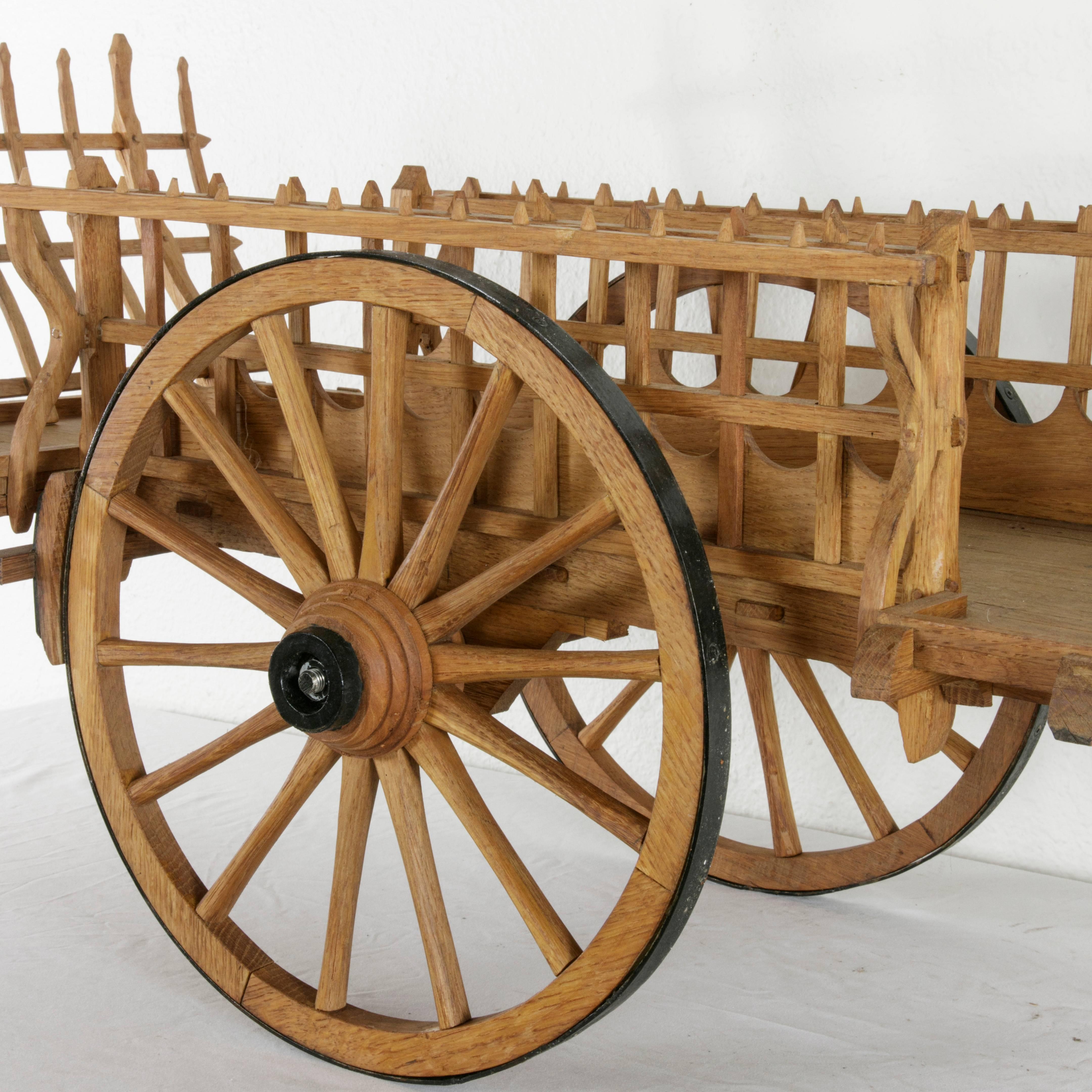 Hand-Carved French Large-Scale Wooden Model Hay Wagon with Iron Trimmed Wheels 2