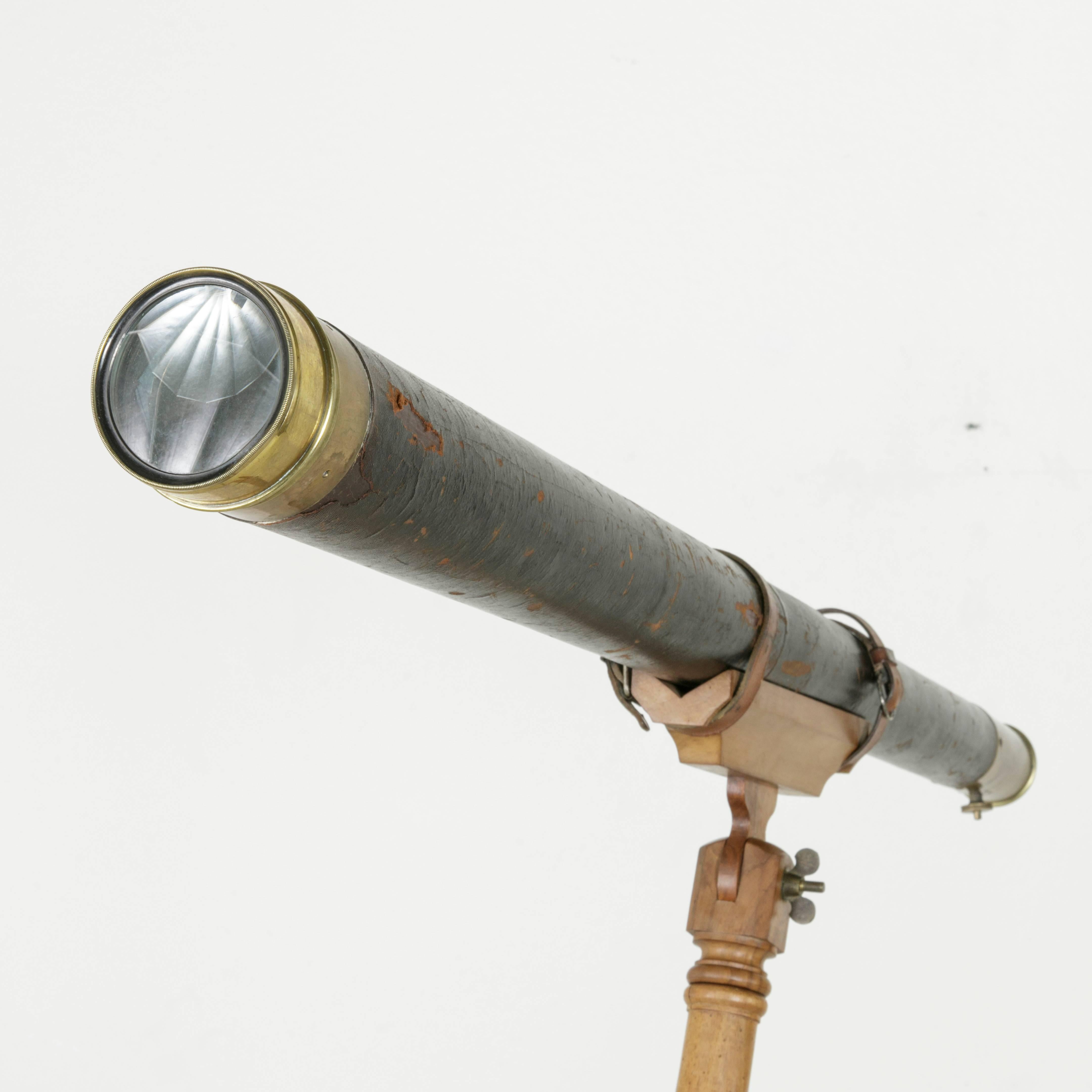19th Century French Brass Telescope with Leather Wrap and Original Wooden Tripod 7
