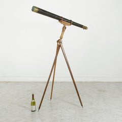 19th Century French Brass Telescope with Leather Wrap and Original Wooden Tripod
