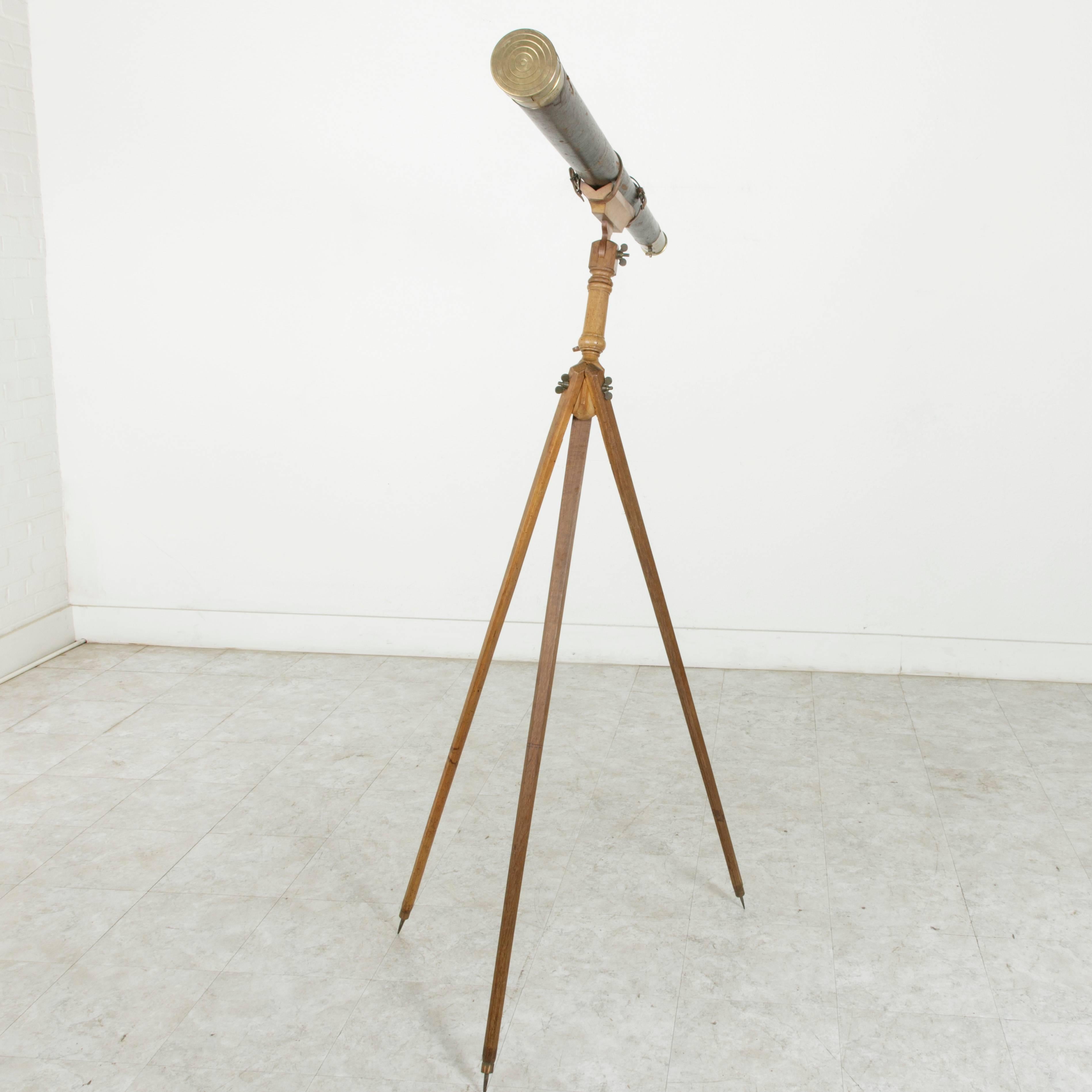 19th Century French Brass Telescope with Leather Wrap and Original Wooden Tripod In Good Condition In Fayetteville, AR