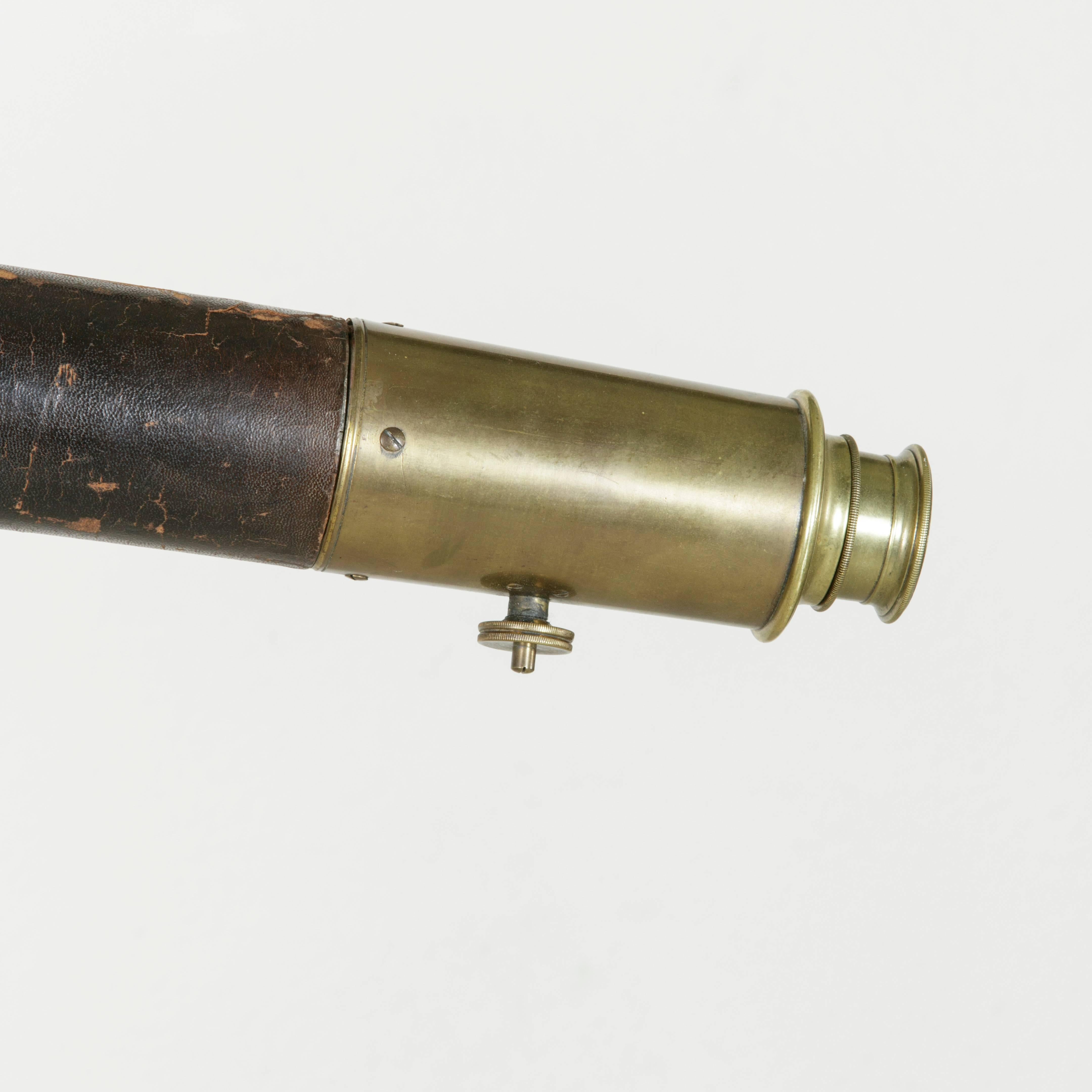 19th Century French Brass Telescope with Leather Wrap and Original Wooden Tripod 5