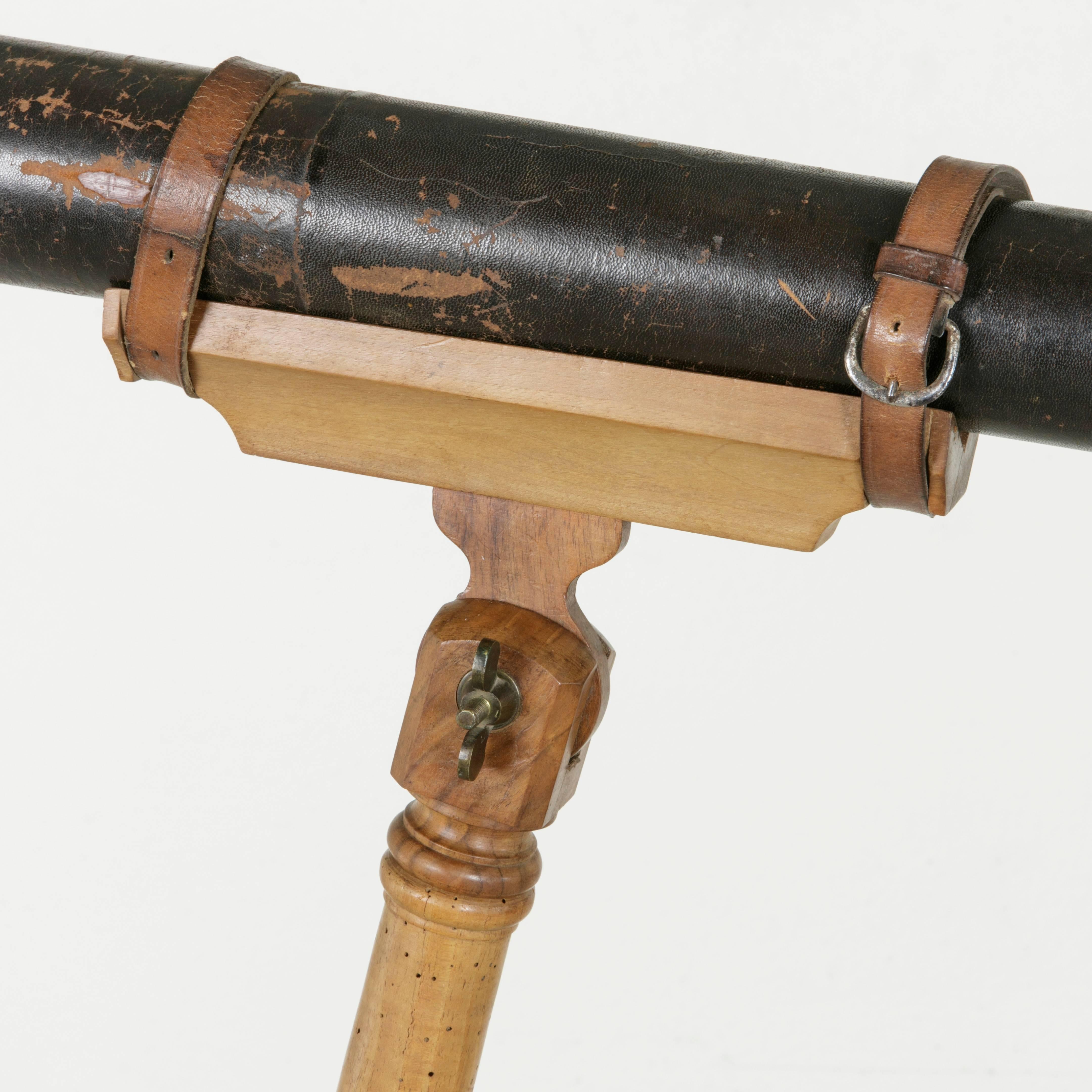 19th Century French Brass Telescope with Leather Wrap and Original Wooden Tripod 2