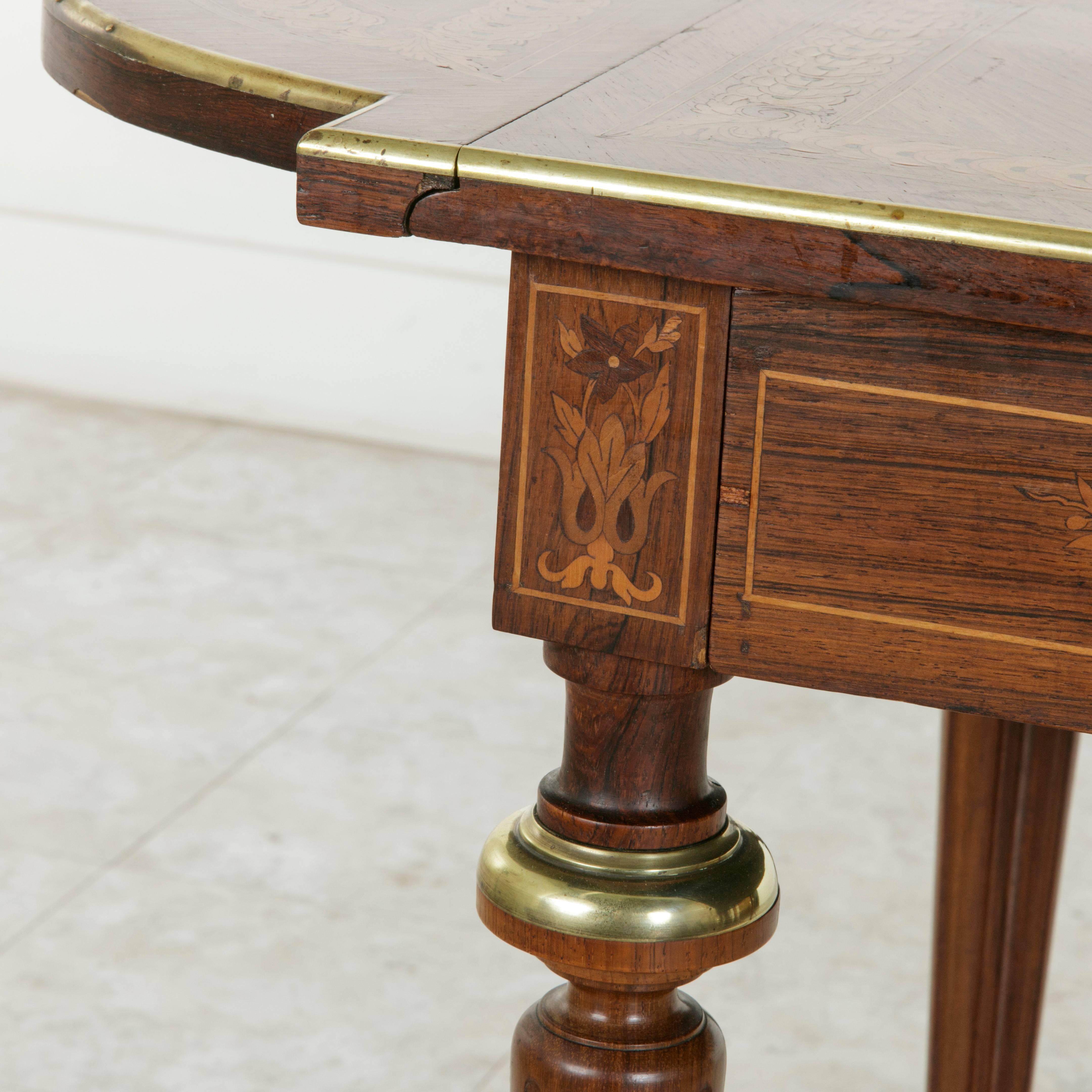 Mid-19th Century 19th Century Napoleon III Drop Leaf Marquetry Table with Exotic Woods and Bronze