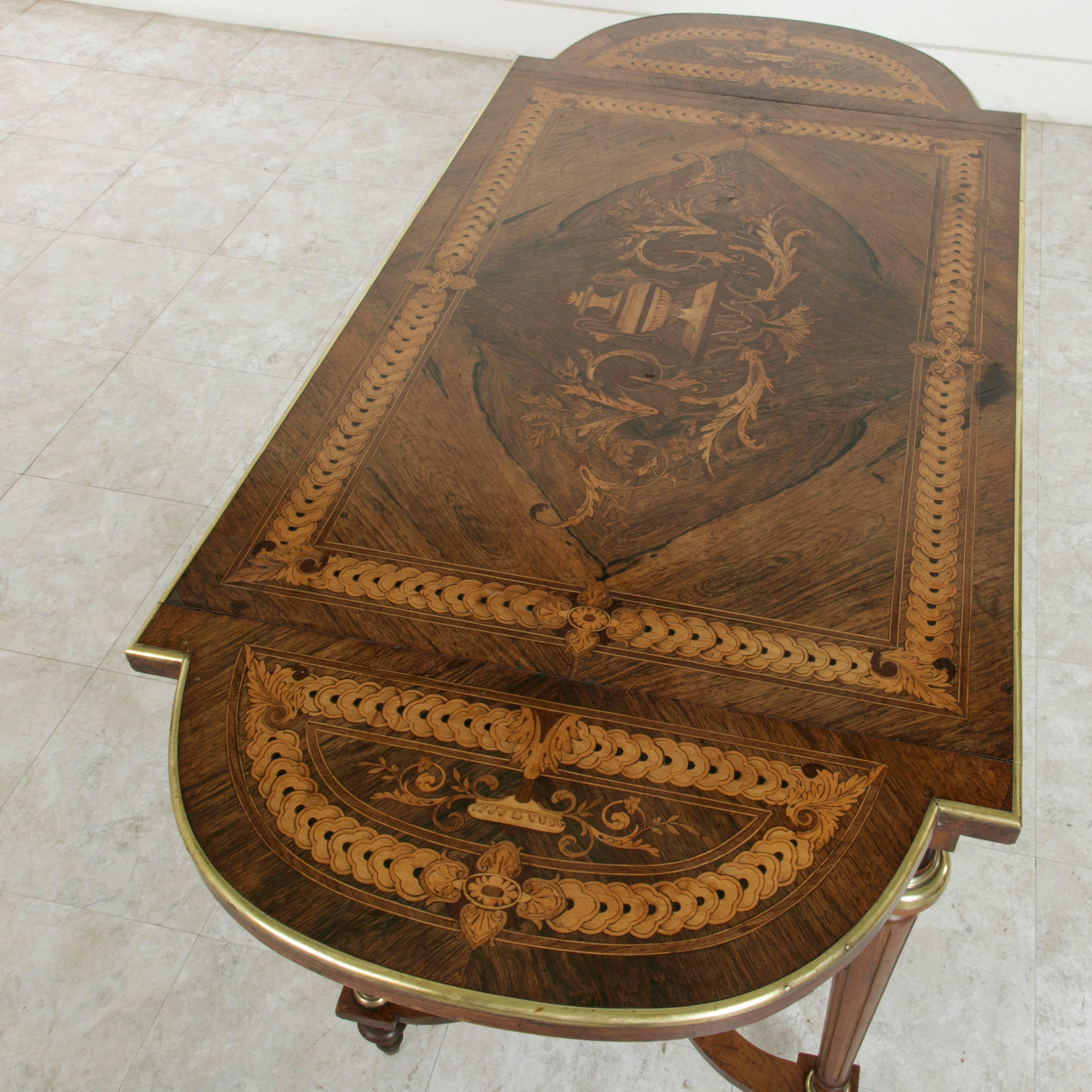French 19th Century Napoleon III Drop Leaf Marquetry Table with Exotic Woods and Bronze