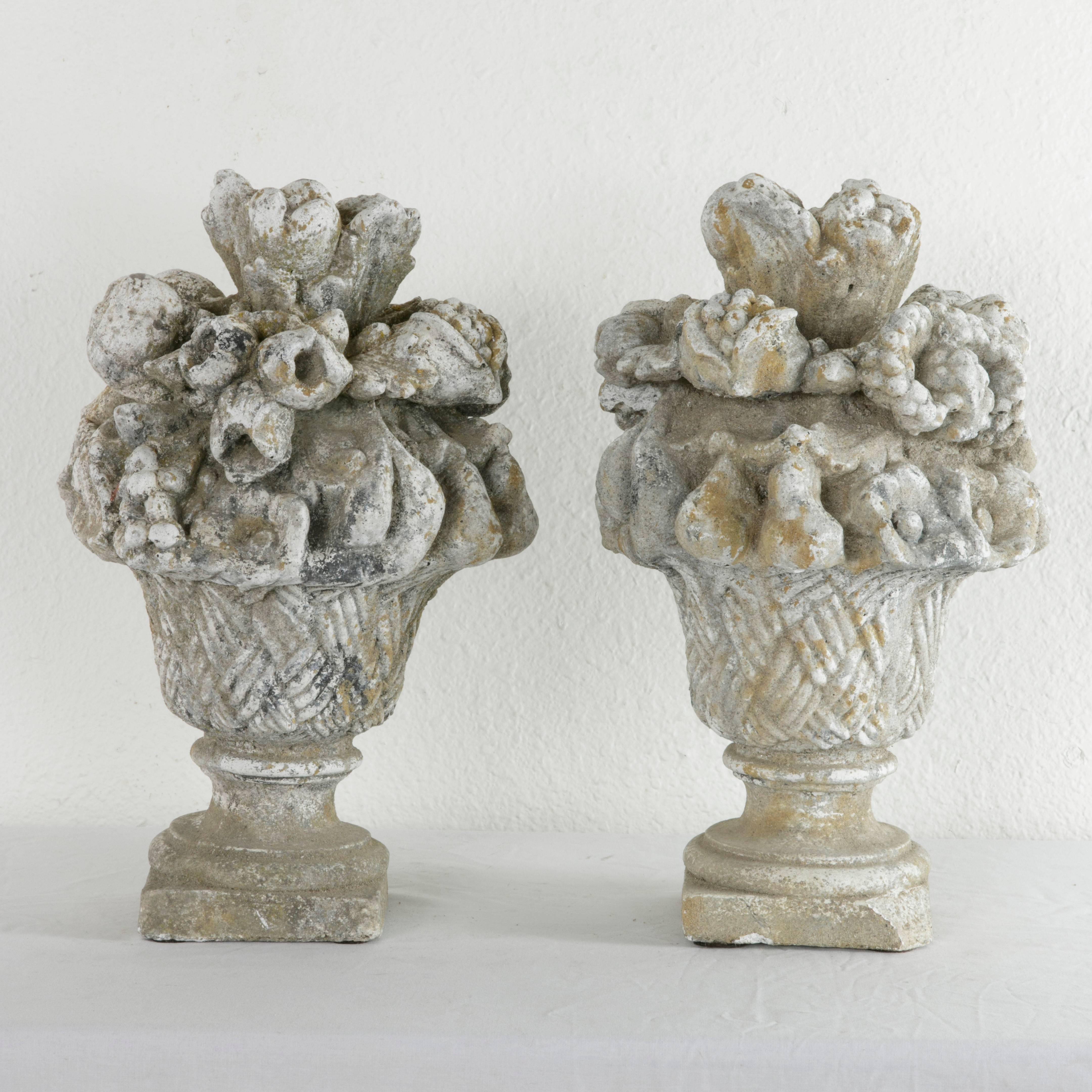 Early 20th Century Pair of French Stone Sculptures with Bouquets of Fruit, circa 1900