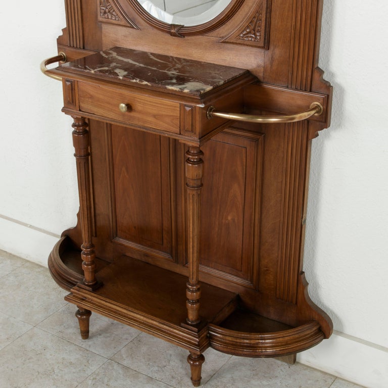 19th Century Louis XVI Style Hand-Carved Walnut Hall Tree with Brass ...
