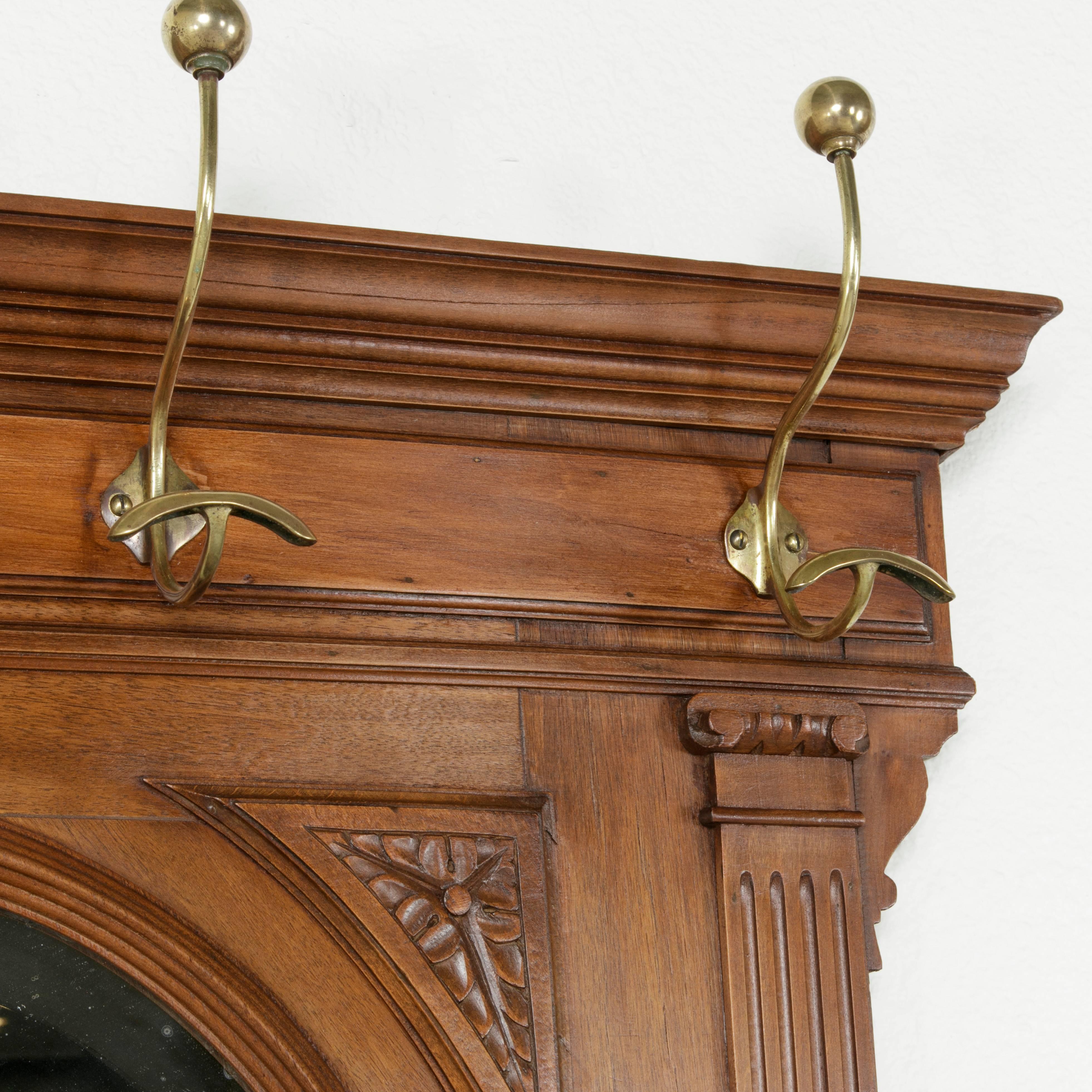 19th Century Louis XVI Style Hand-Carved Walnut Hall Tree with Brass Hooks 3