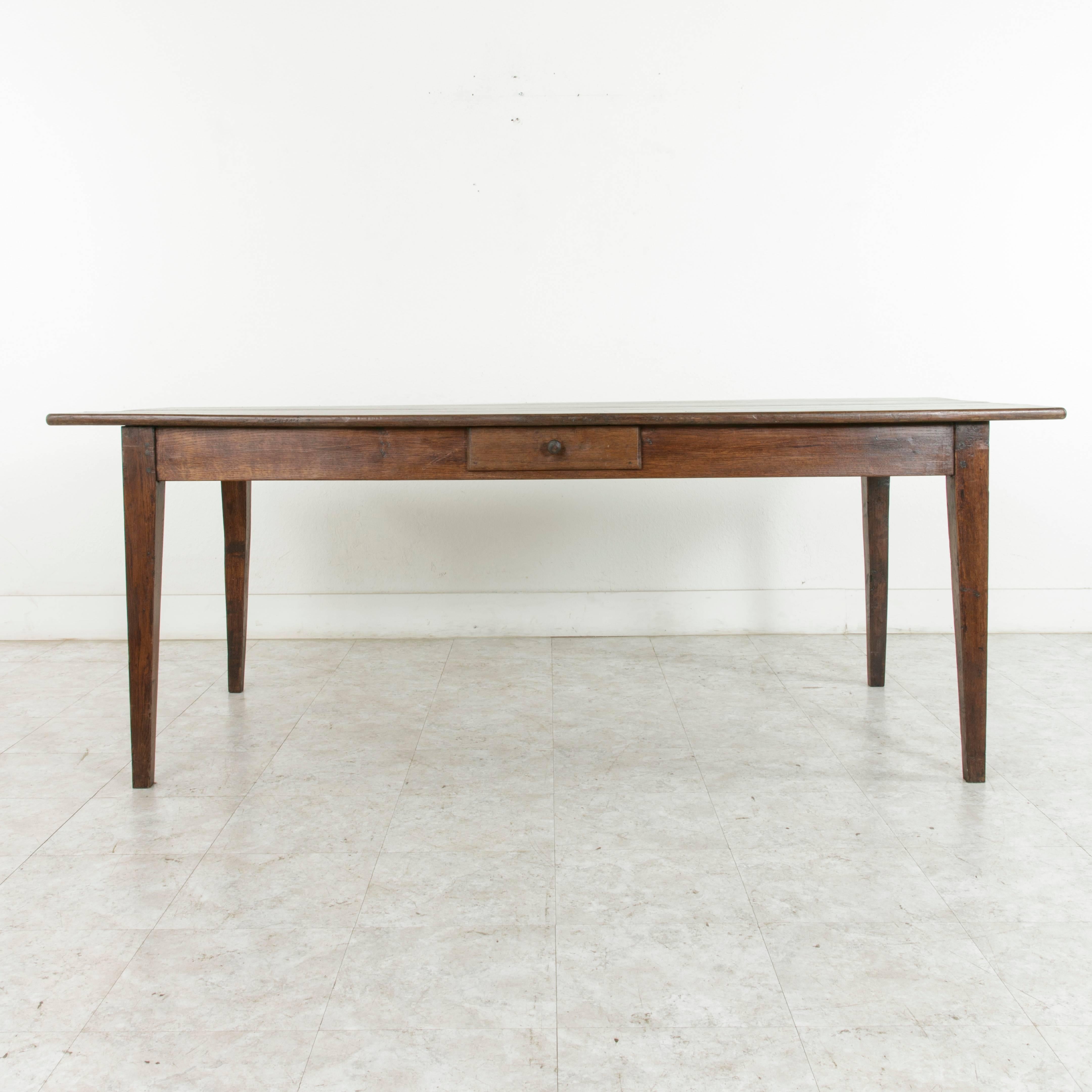Rustic French Hand-Carved Oak Farm Table or Dining Table with Single Drawer, circa 1900