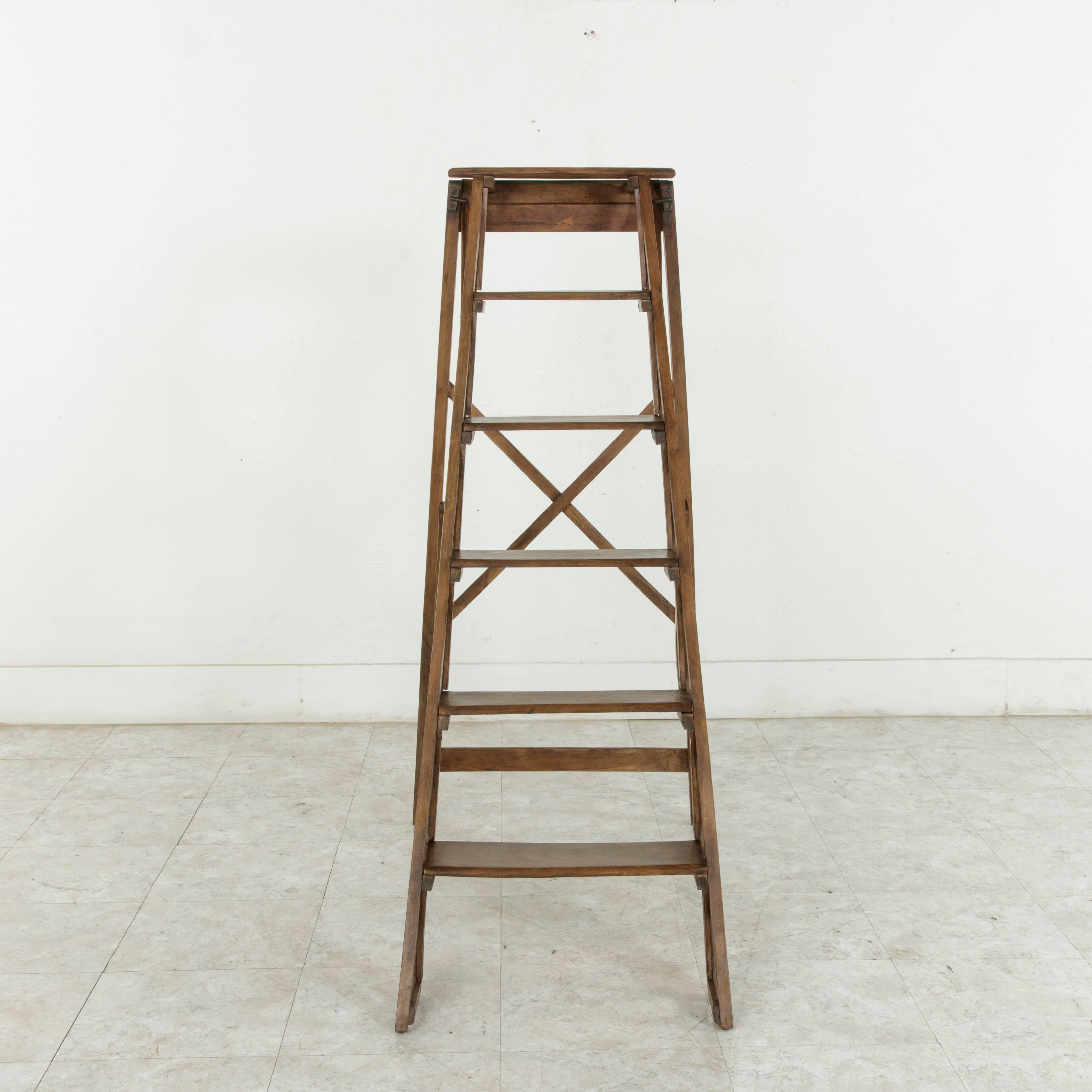 Early 20th Century French Ash Wooden Library Ladder, circa 1900