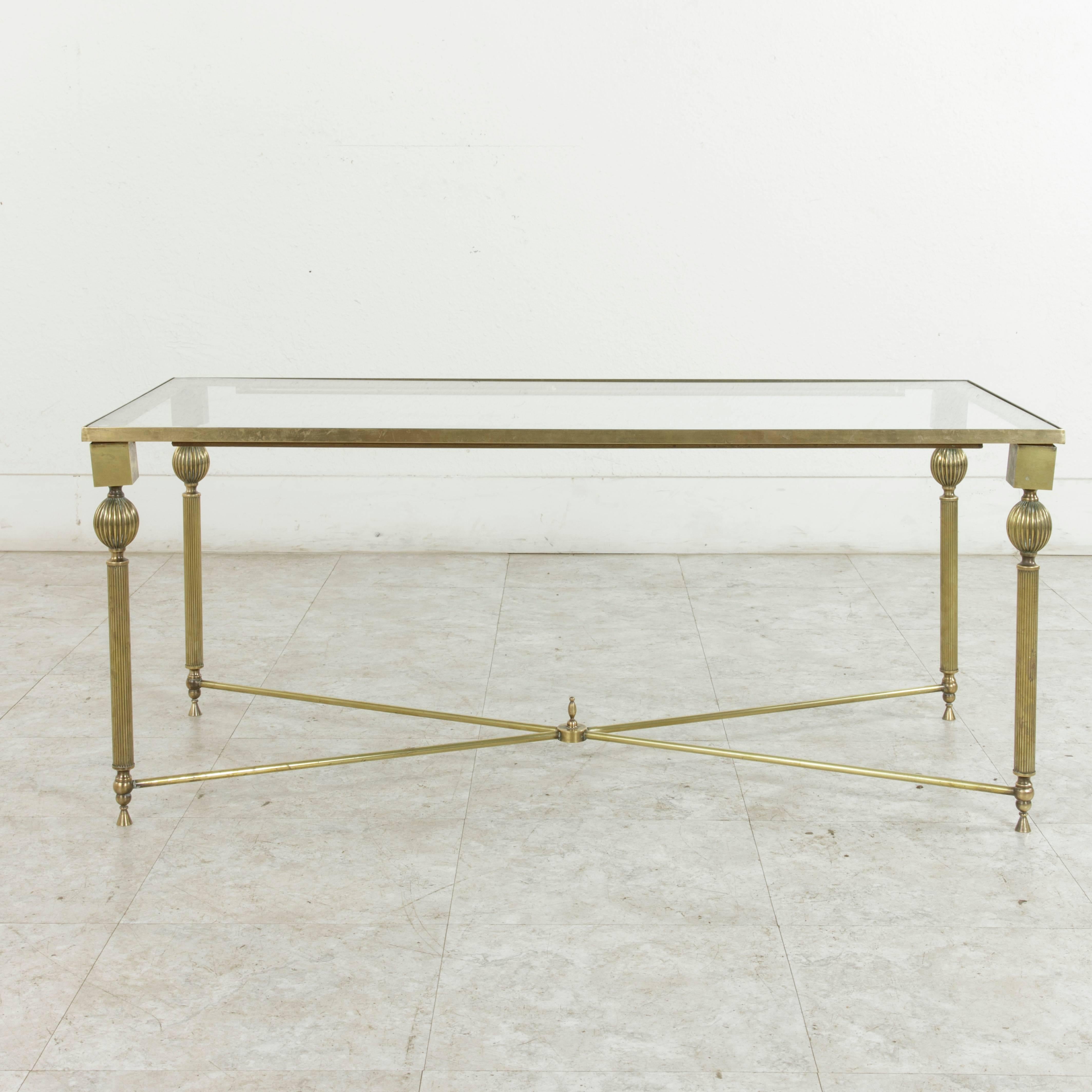 Midcentury French Maison Jansen Bronze Coffee Table or Cocktail Table Glass Top In Excellent Condition In Fayetteville, AR