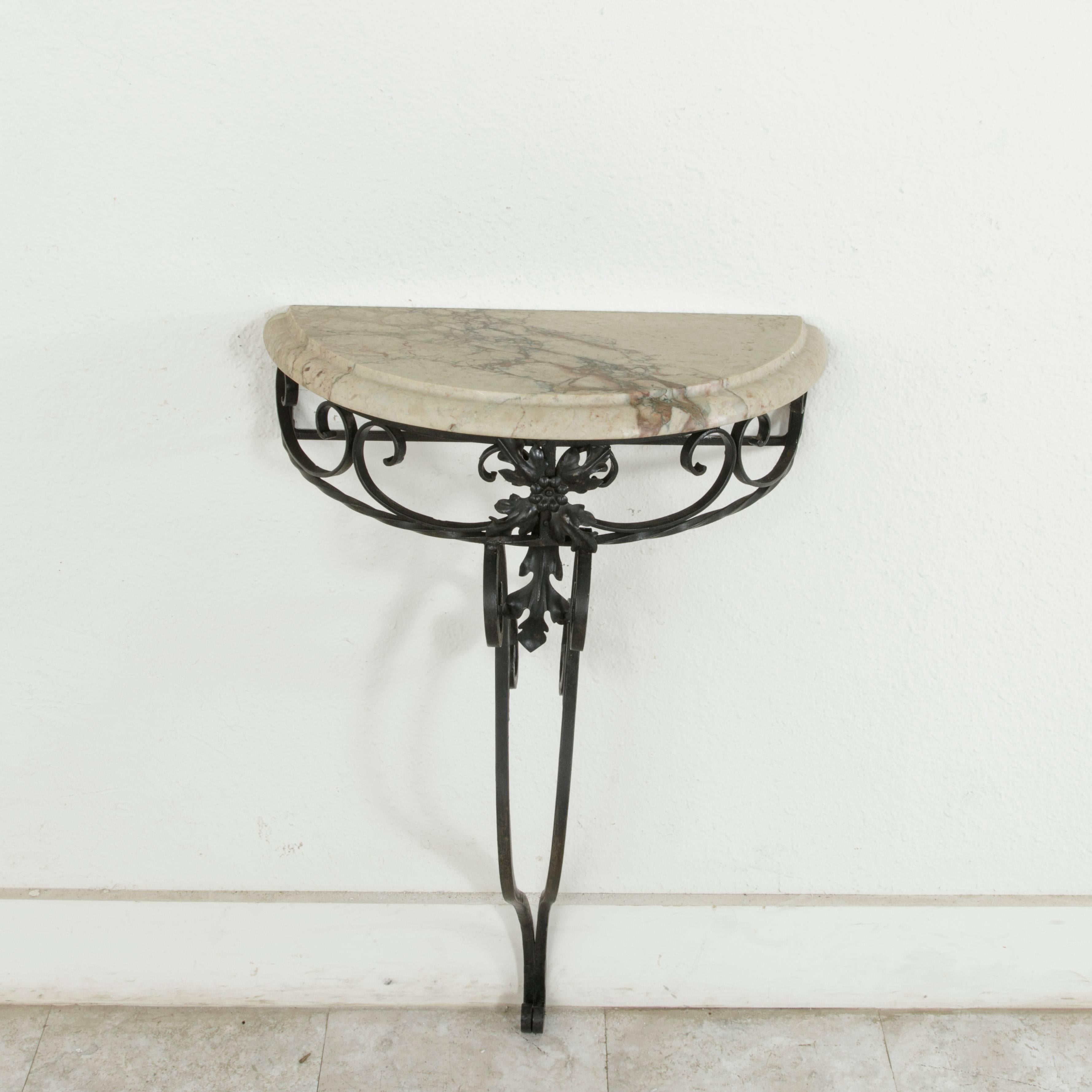 Mid-20th Century French Iron Console Table or Demilune with Marble Top In Excellent Condition In Fayetteville, AR