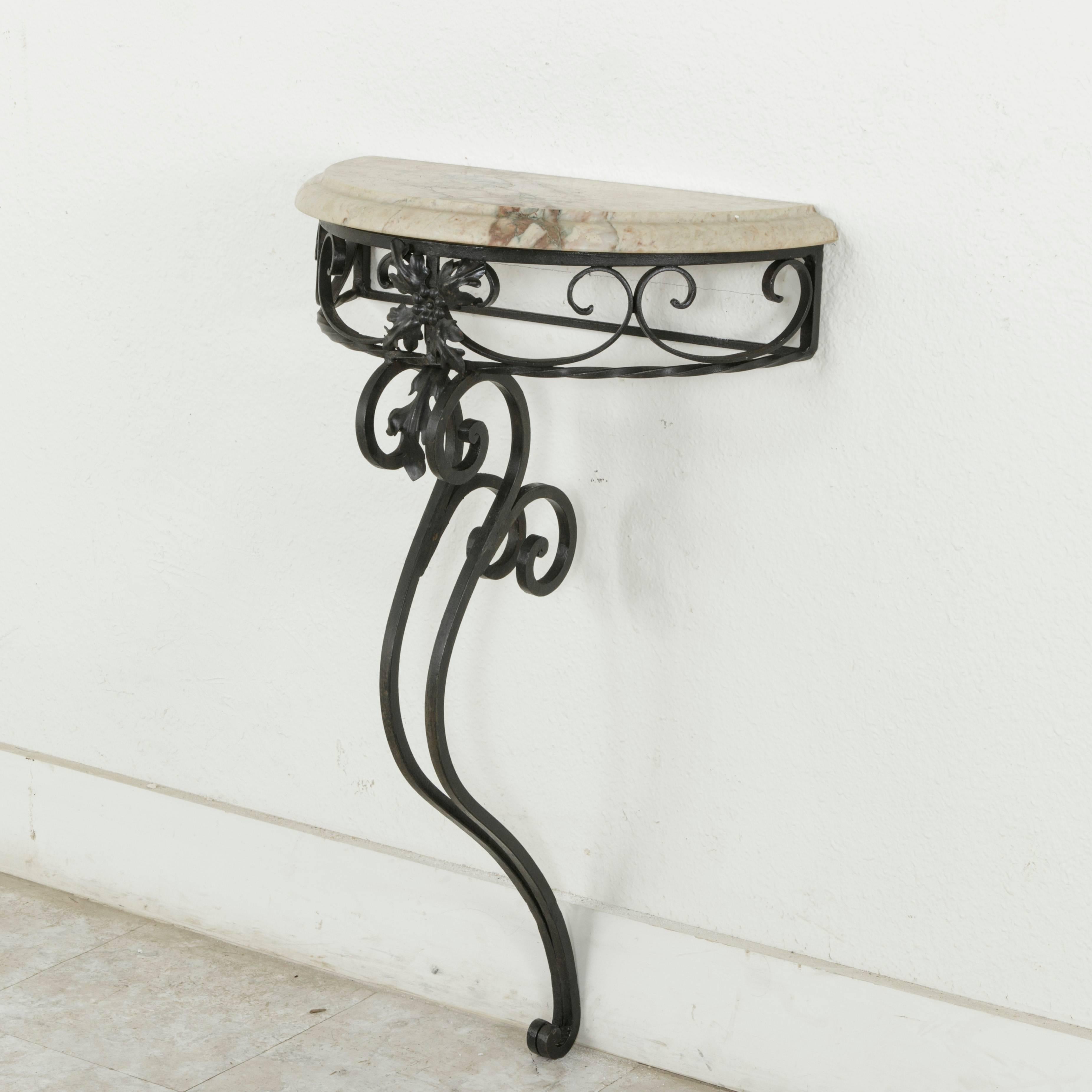 Mid-20th Century French Iron Console Table or Demilune with Marble Top 3