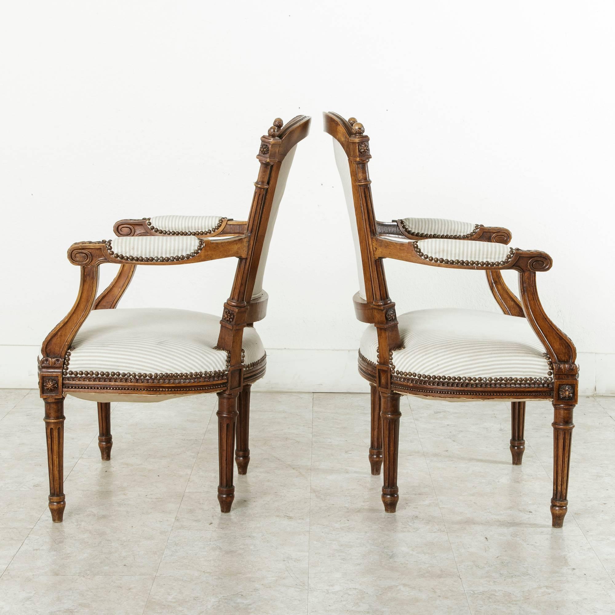 French Pair of 19th Century Louis XVI Style Hand Carved Walnut Armchairs from Provence