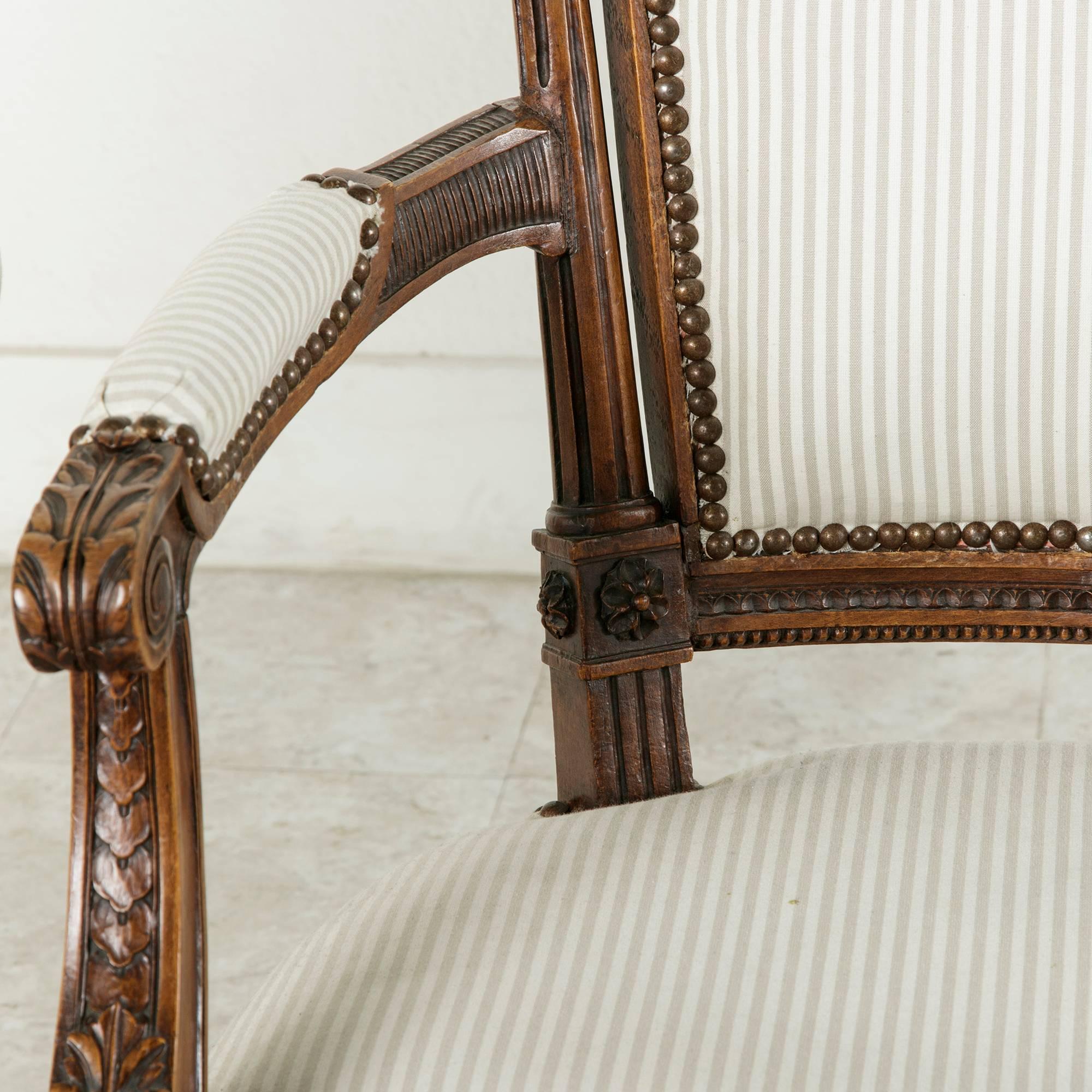 Pair of 19th Century Louis XVI Style Hand Carved Walnut Armchairs from Provence 2