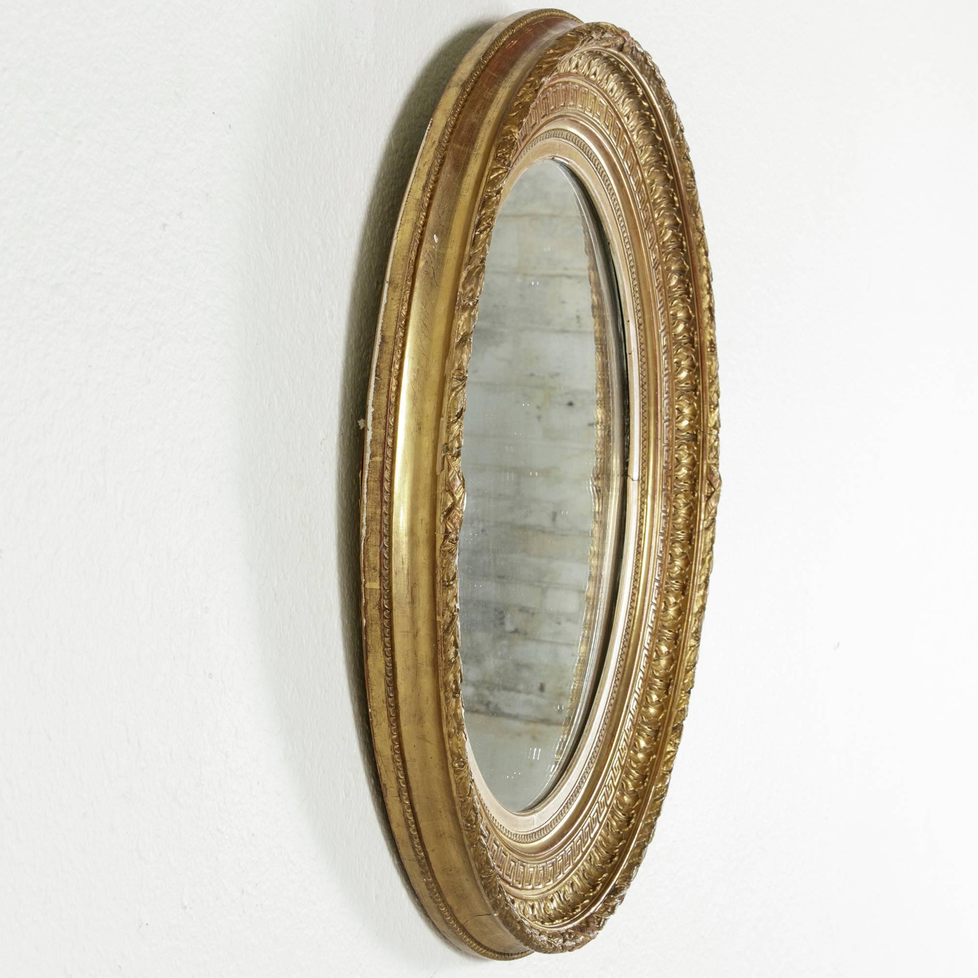 Napoleon III Small-Scale 19th Century Giltwood Oval Mirror with Greek Key