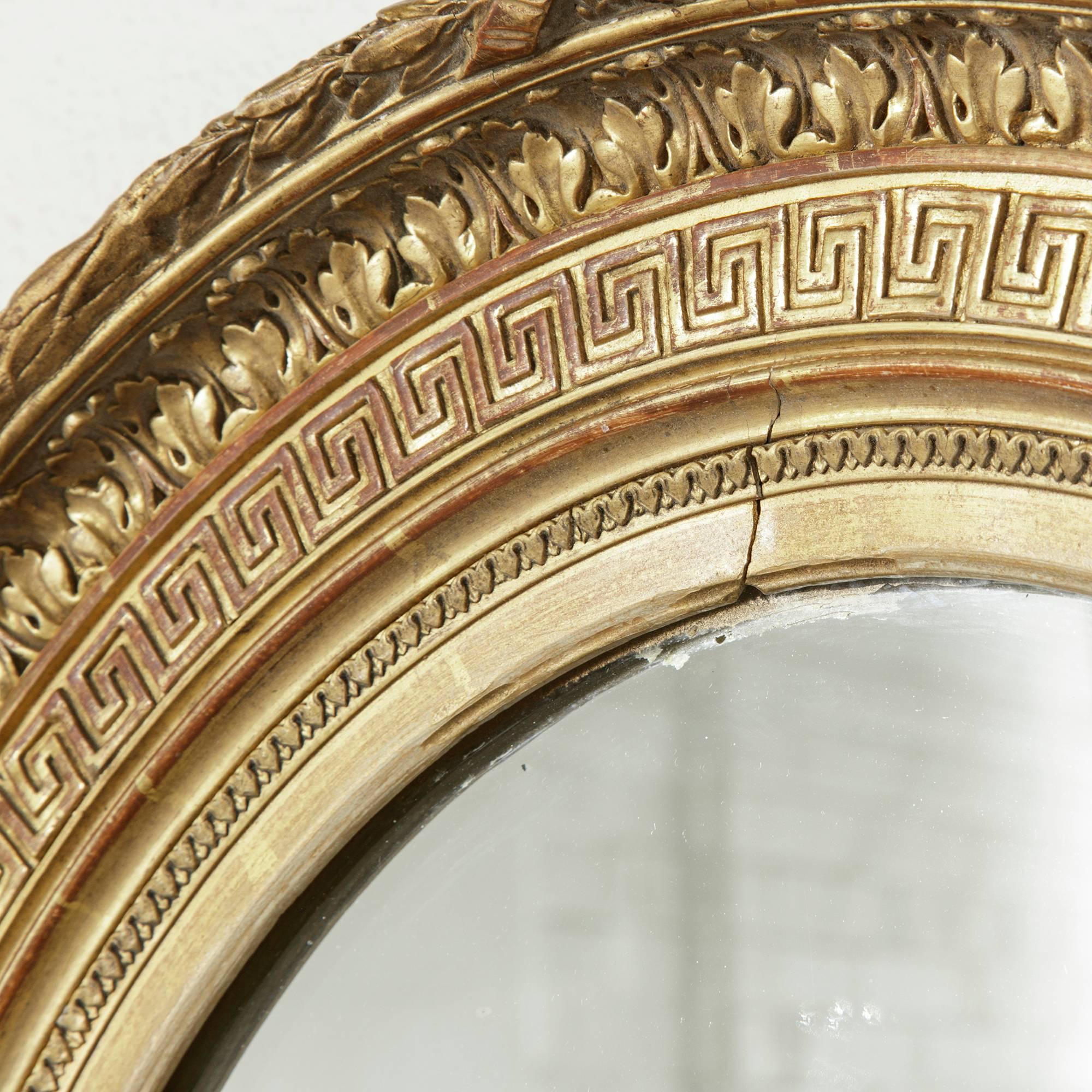 Small-Scale 19th Century Giltwood Oval Mirror with Greek Key 1