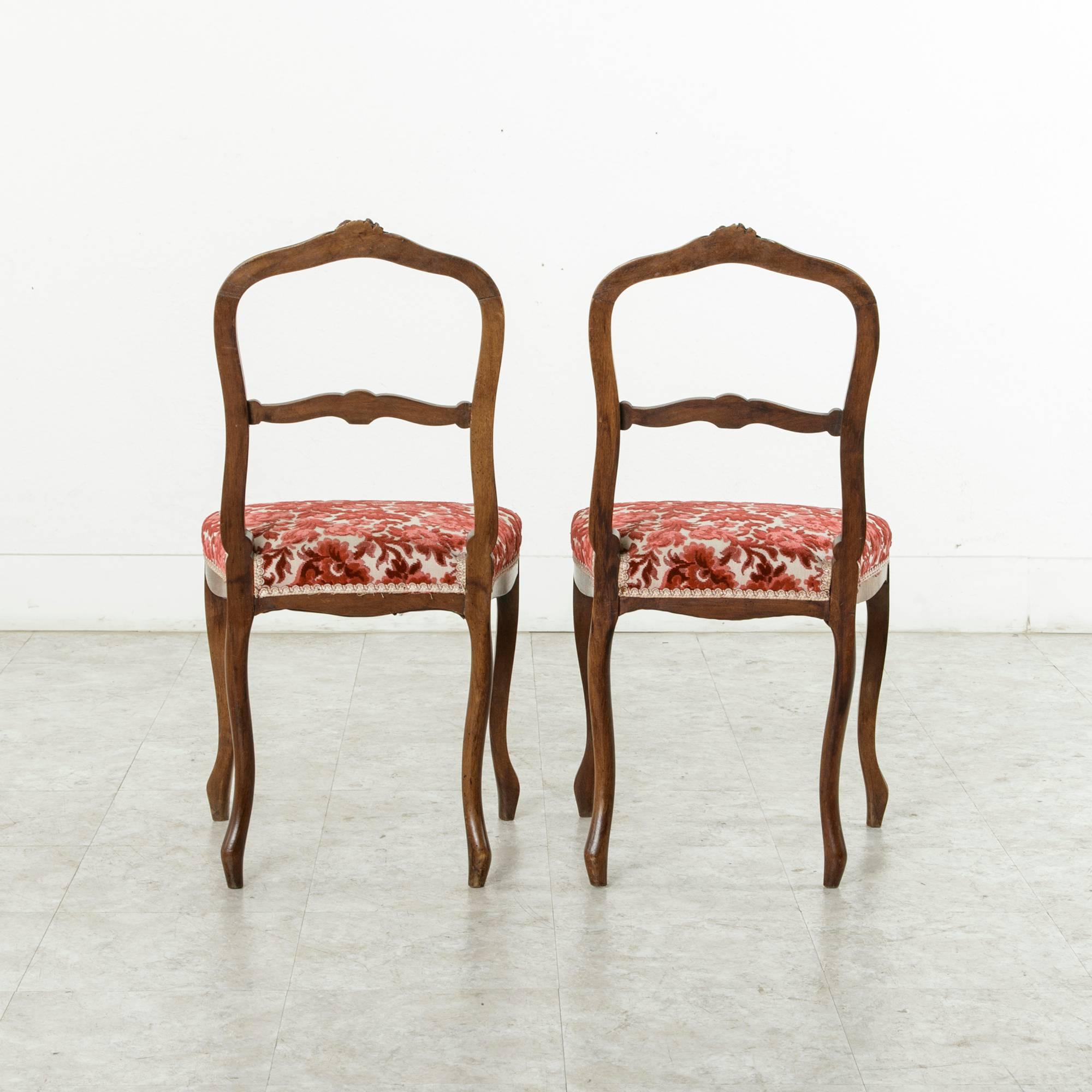 French Pair of Hand-Carved Walnut Louis XV Style Opera Chairs, Side Chairs, circa 1890