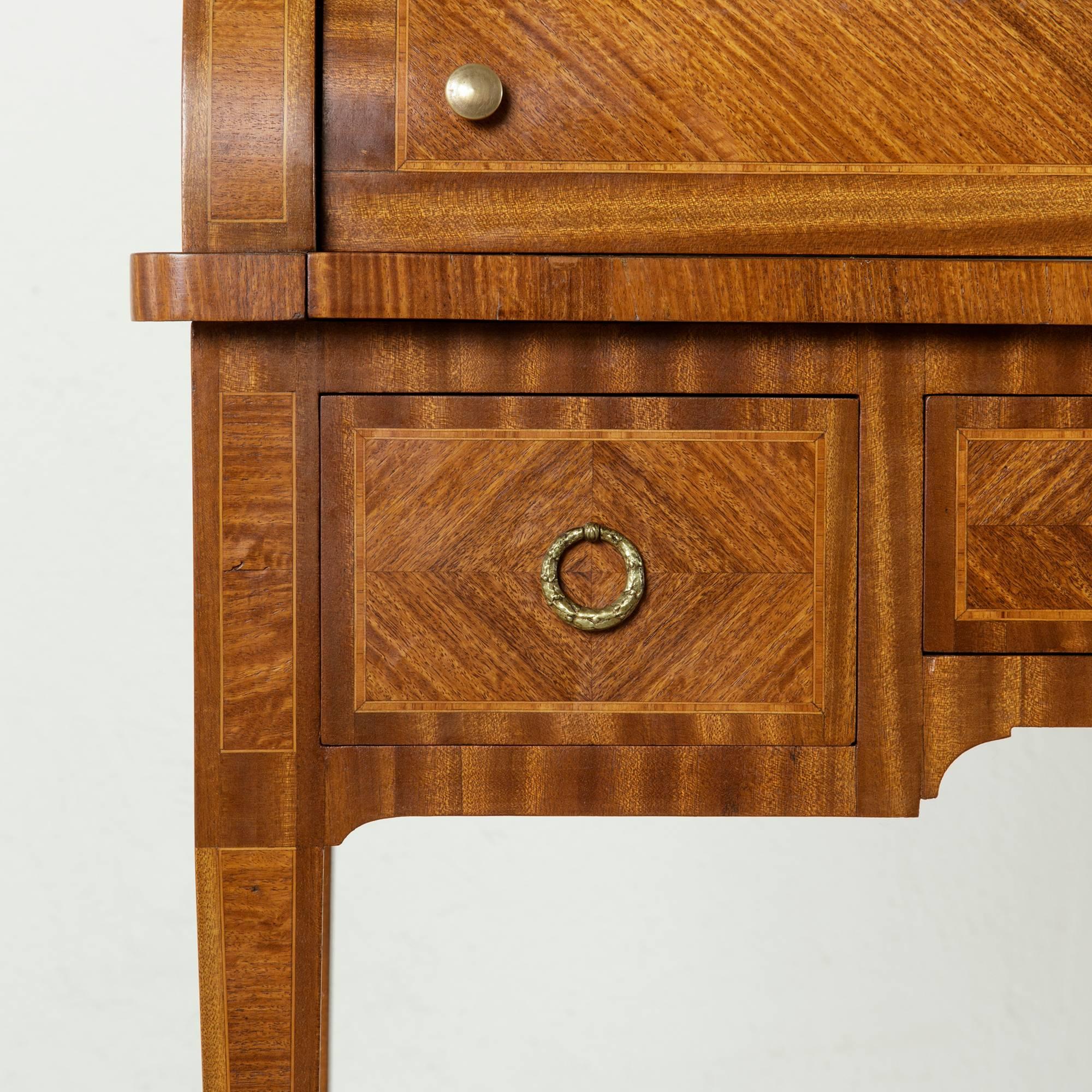 Bronze 19th Century Louis XVI Marquetry Cylinder Desk With Inlaid Musical Instruments