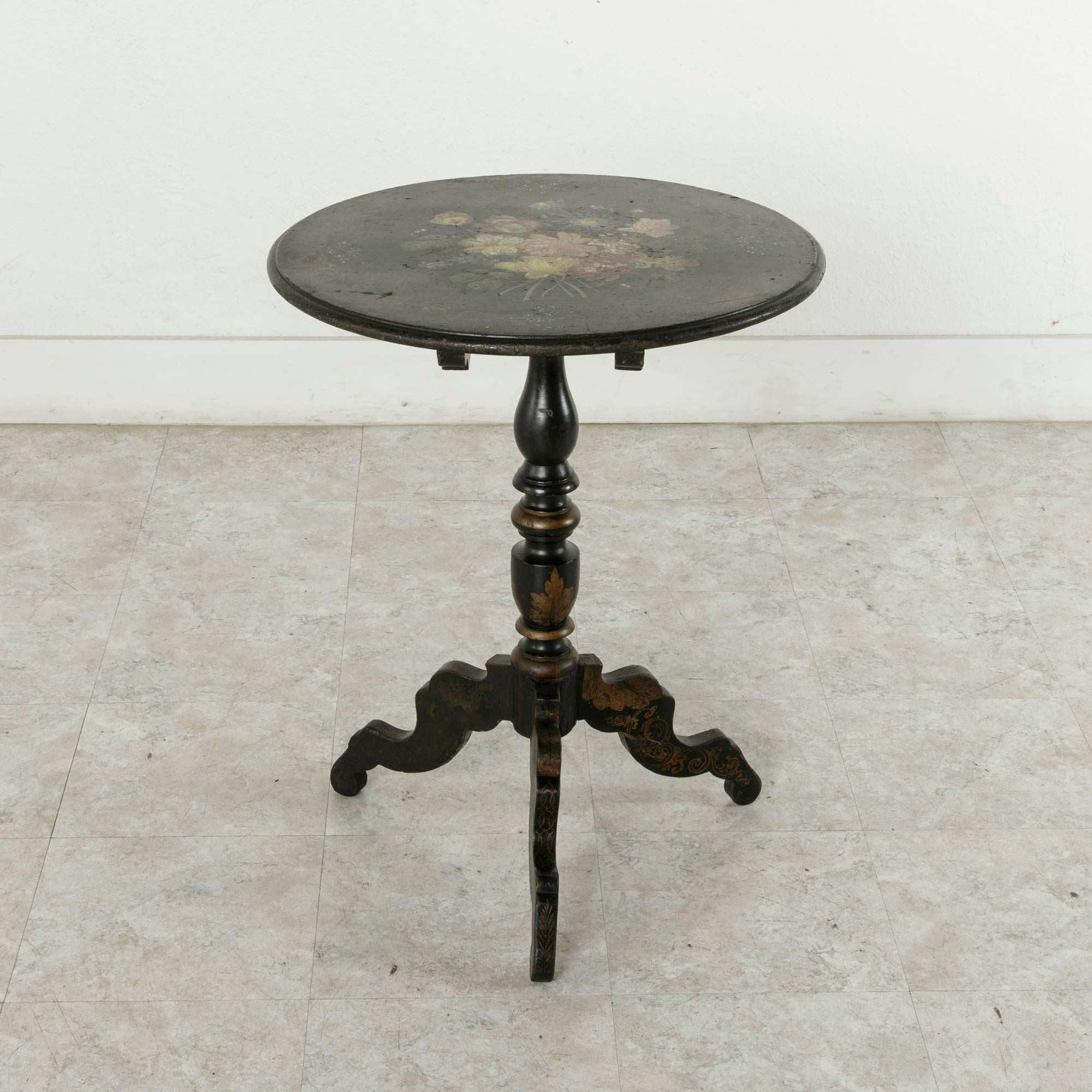 Rare Napoleon III Period Hand-Painted Floral and Ebonized Side Table In Good Condition In Fayetteville, AR
