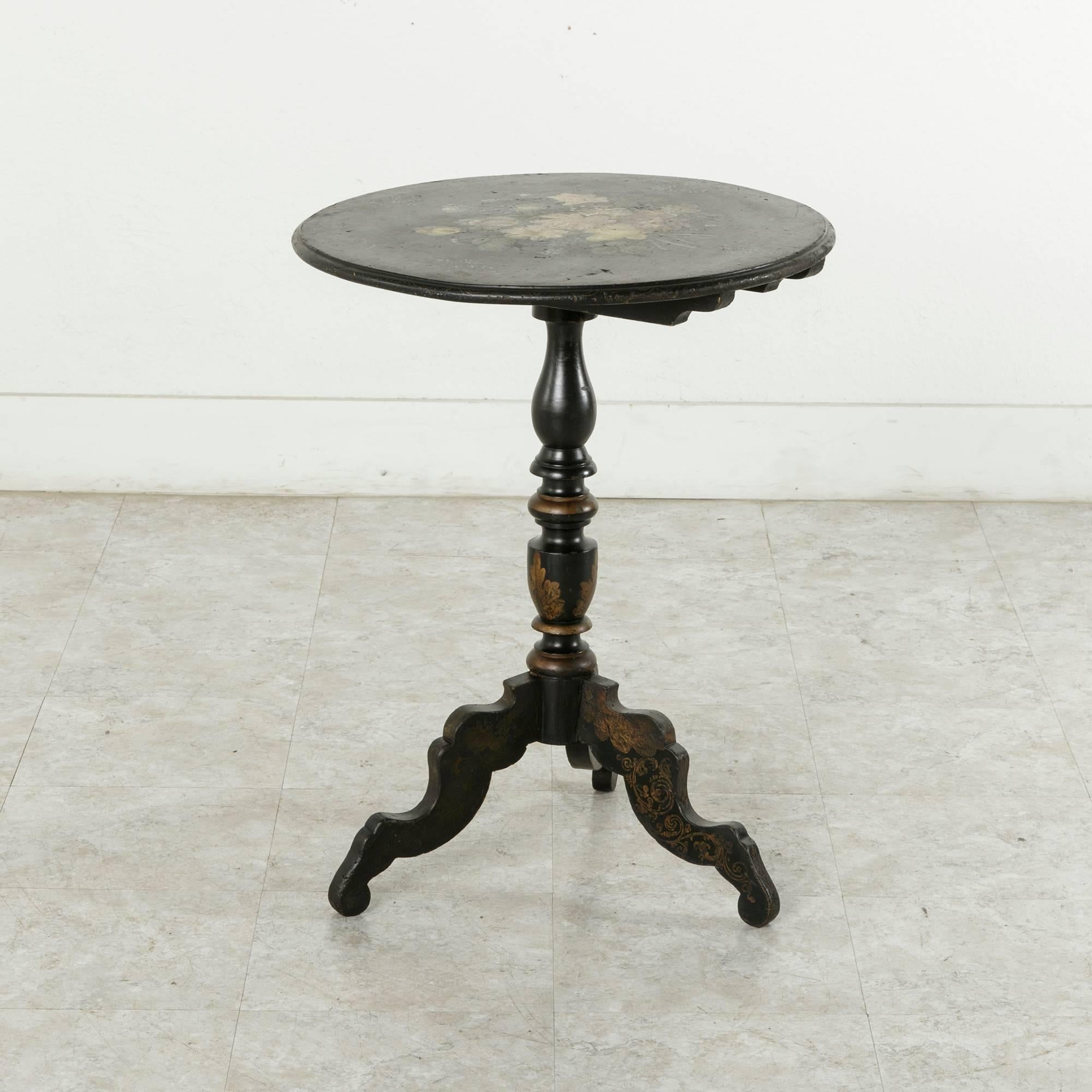 19th Century Rare Napoleon III Period Hand-Painted Floral and Ebonized Side Table