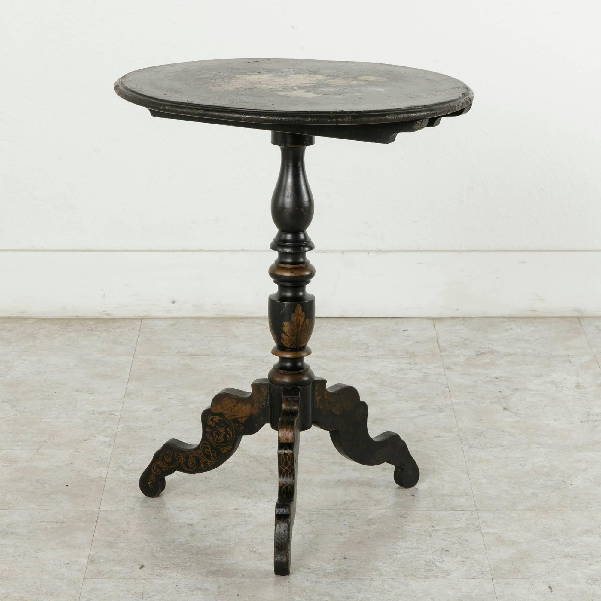 Rare Napoleon III Period Hand-Painted Floral and Ebonized Side Table 2