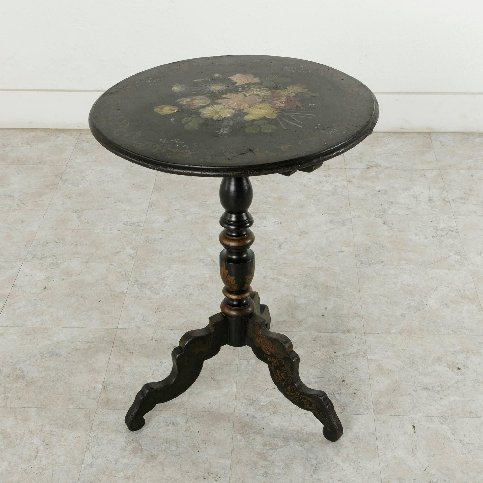 French Rare Napoleon III Period Hand-Painted Floral and Ebonized Side Table