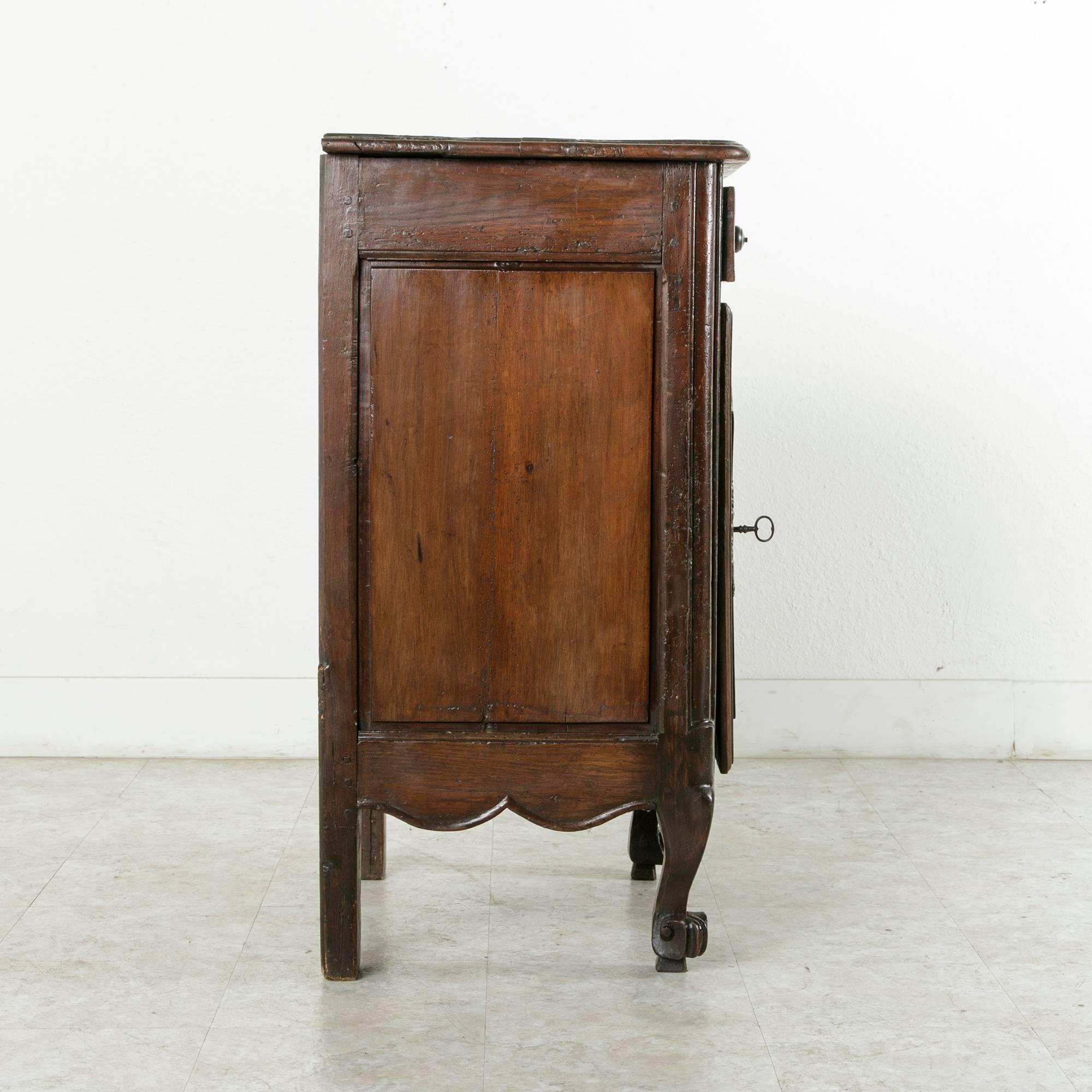 18th Century French Jam Cabinet of Solid Hand-Carved Oak with Iron Hardware In Good Condition In Fayetteville, AR