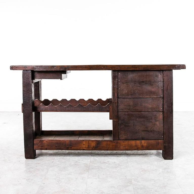 Rustic Antique French Carpenter's Work Bench or Console with Wine Rack